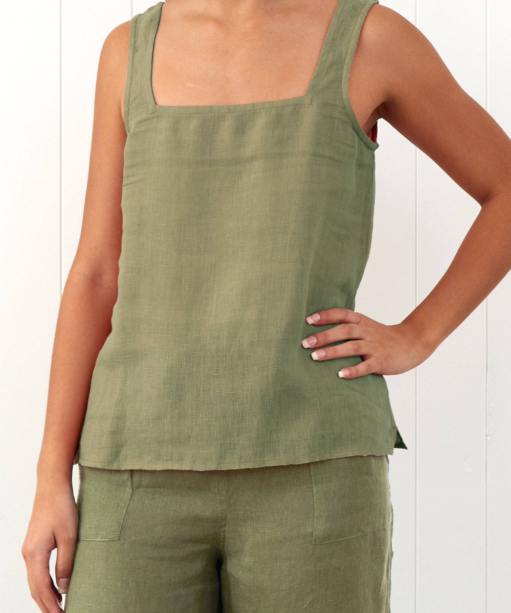 Amalfi Linen Singlet Top | Cactus-3