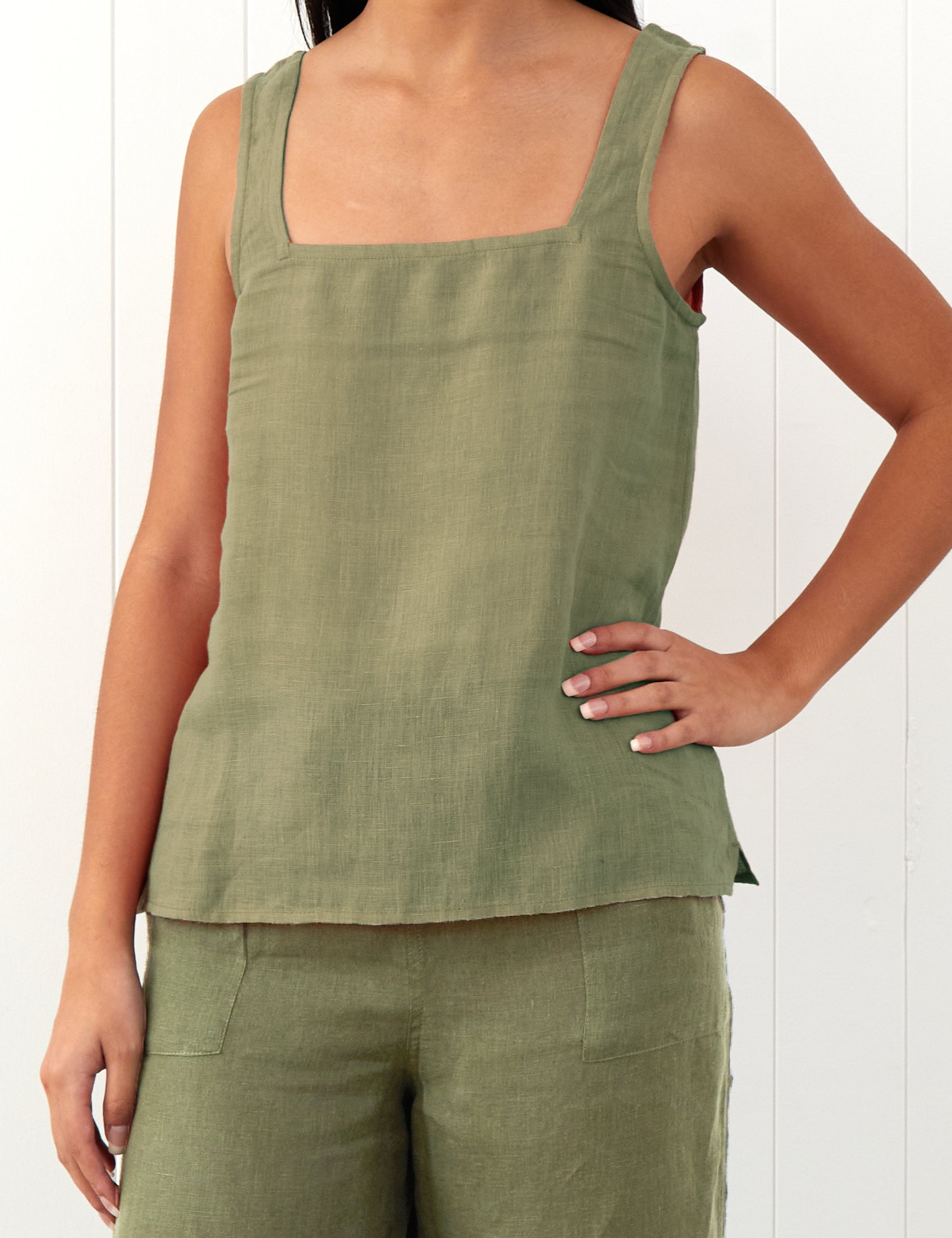 Amalfi Linen Singlet Top | Cactus-3