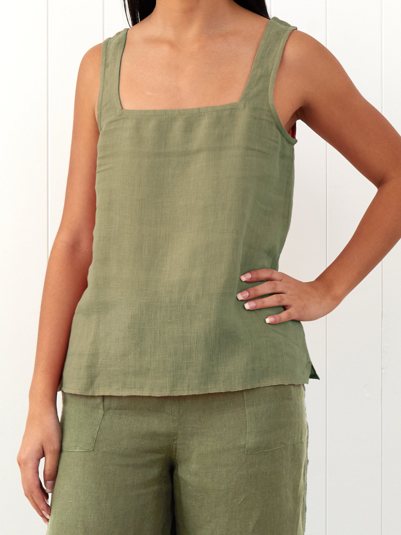 Amalfi Linen Singlet Top | Cactus-3