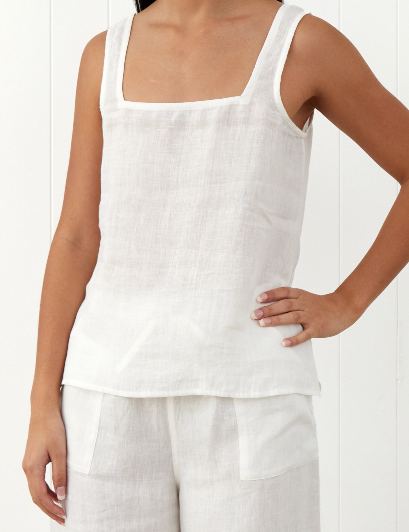 Amalfi Linen Singlet Top | White-3
