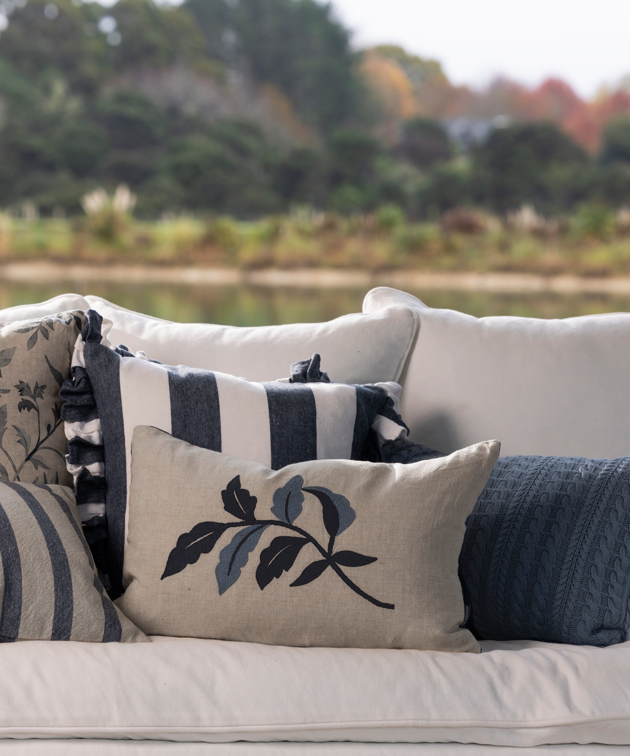 Antoinette Embroidery Rectangle Cushion Cover | Blue Leaf-2