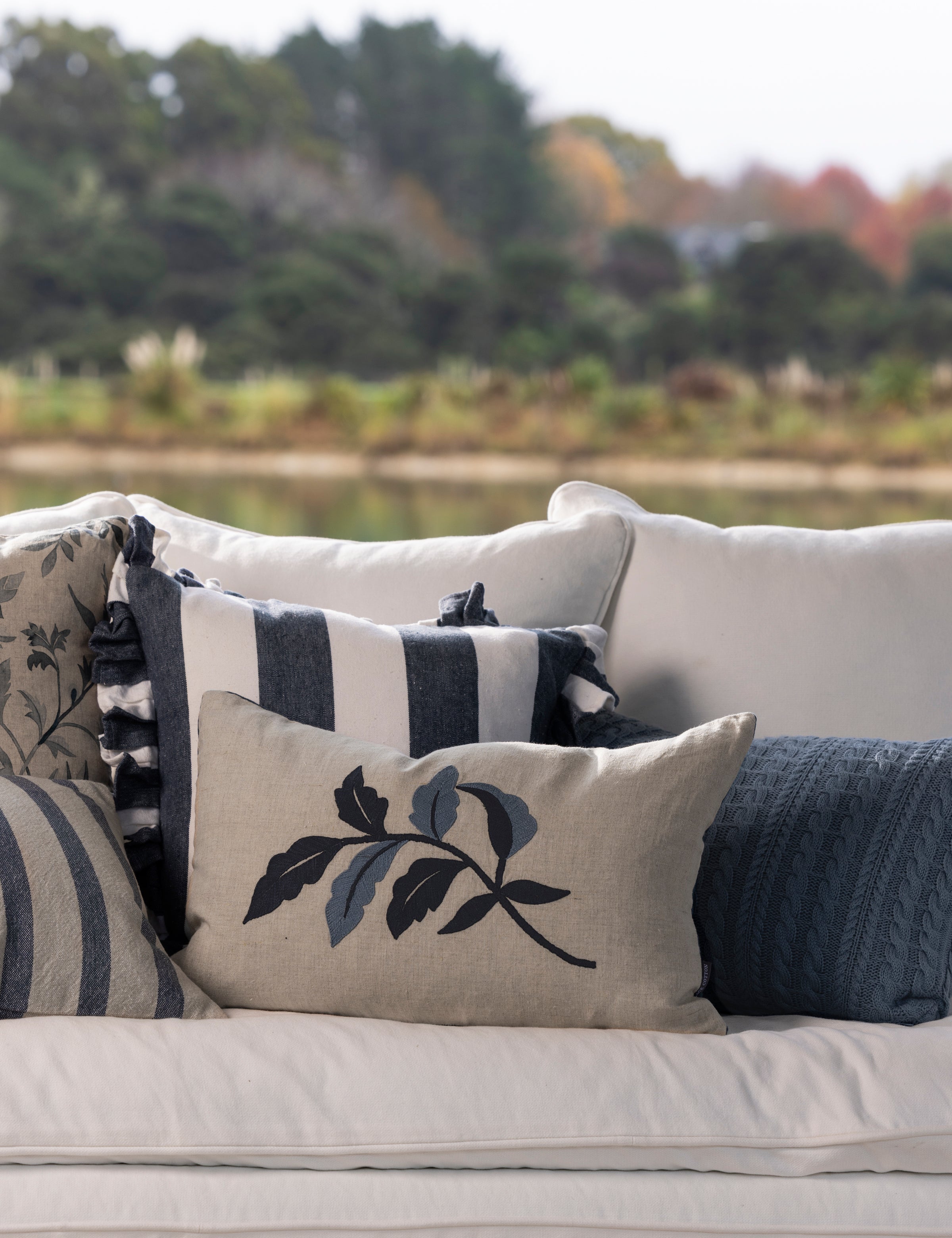 Antoinette Embroidery Rectangle Cushion Cover | Blue Leaf-2