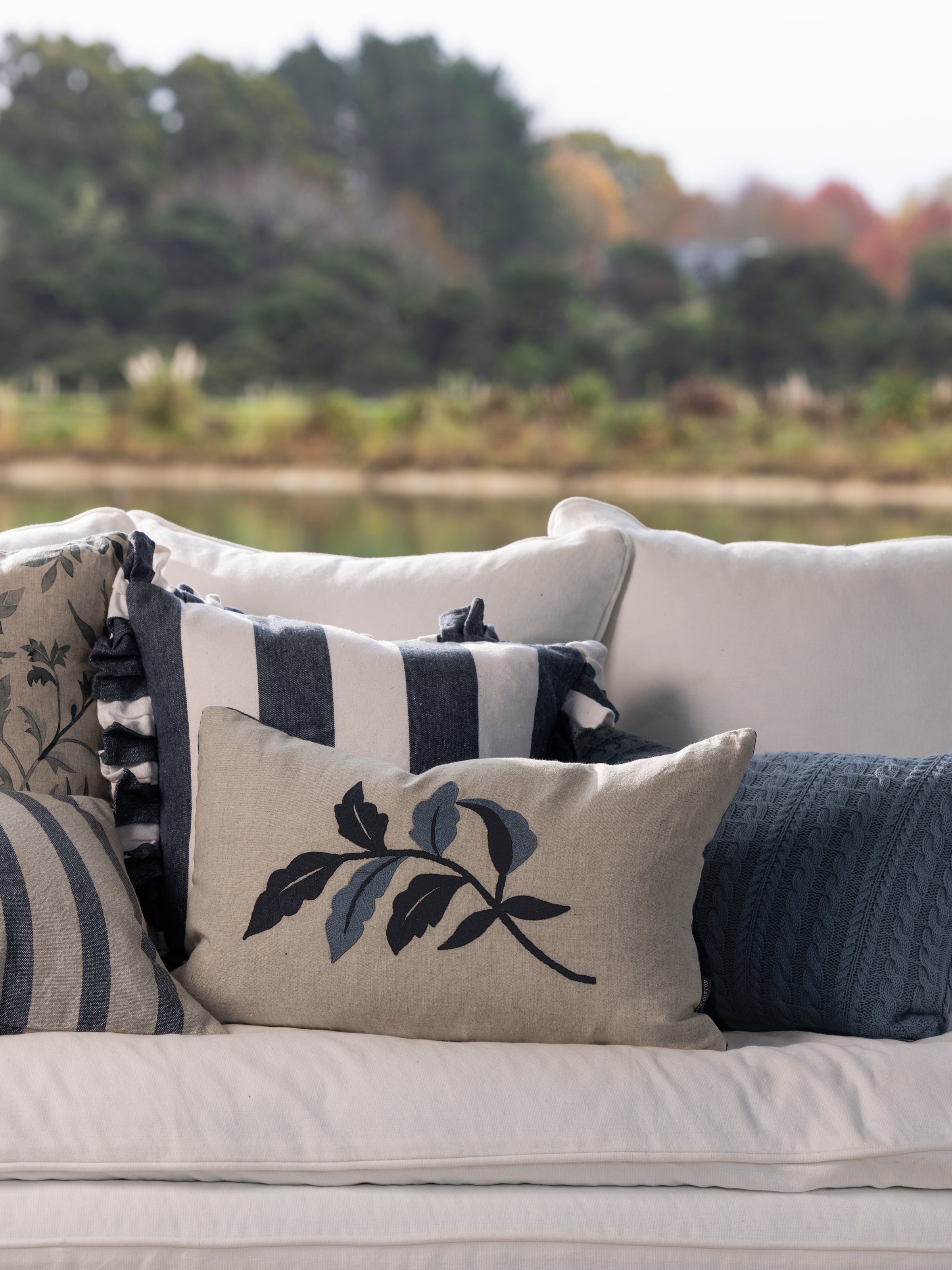 Antoinette Embroidery Rectangle Cushion Cover | Blue Leaf-2