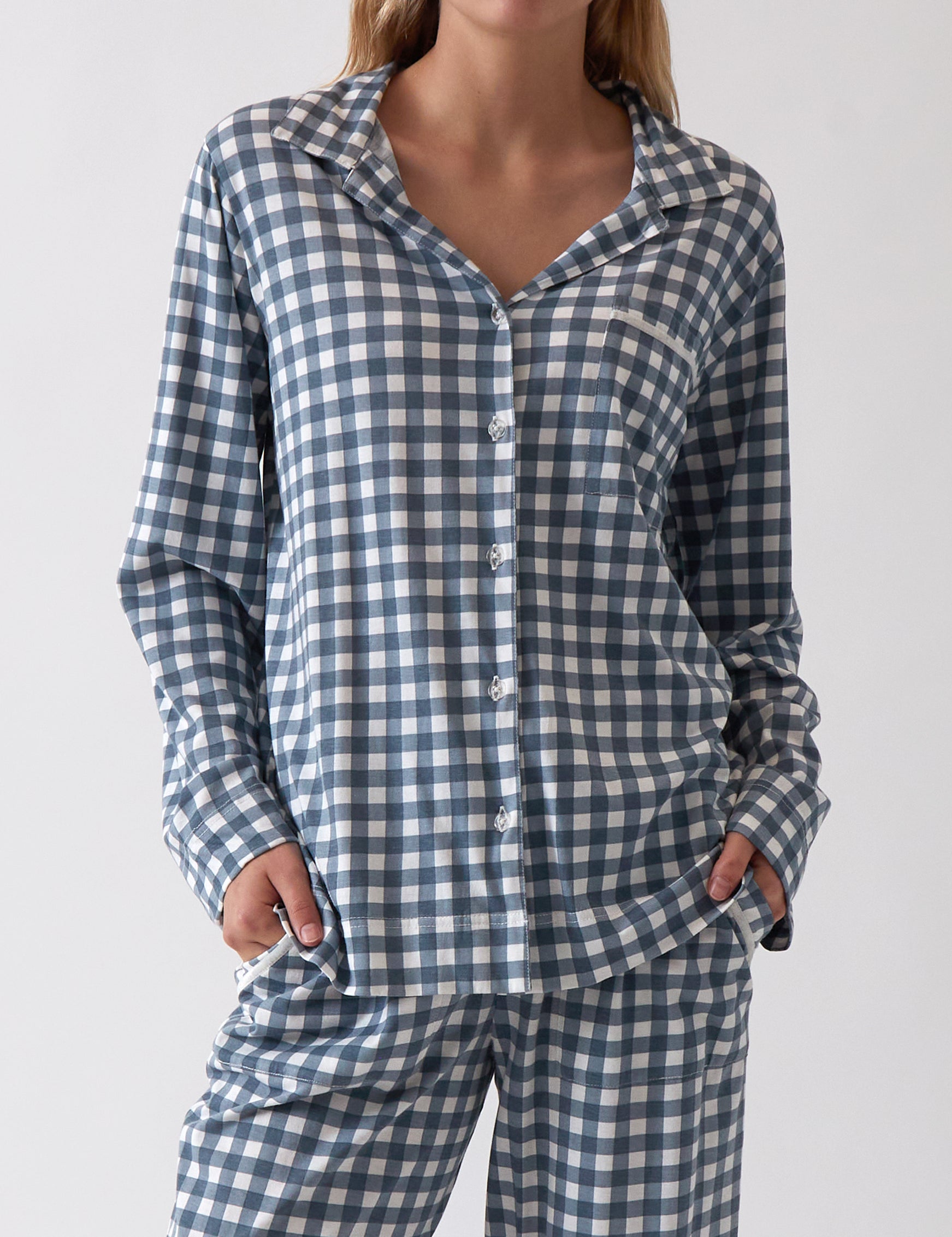 August Organic Cotton Knit PJ Shirt | Blue Gingham-1