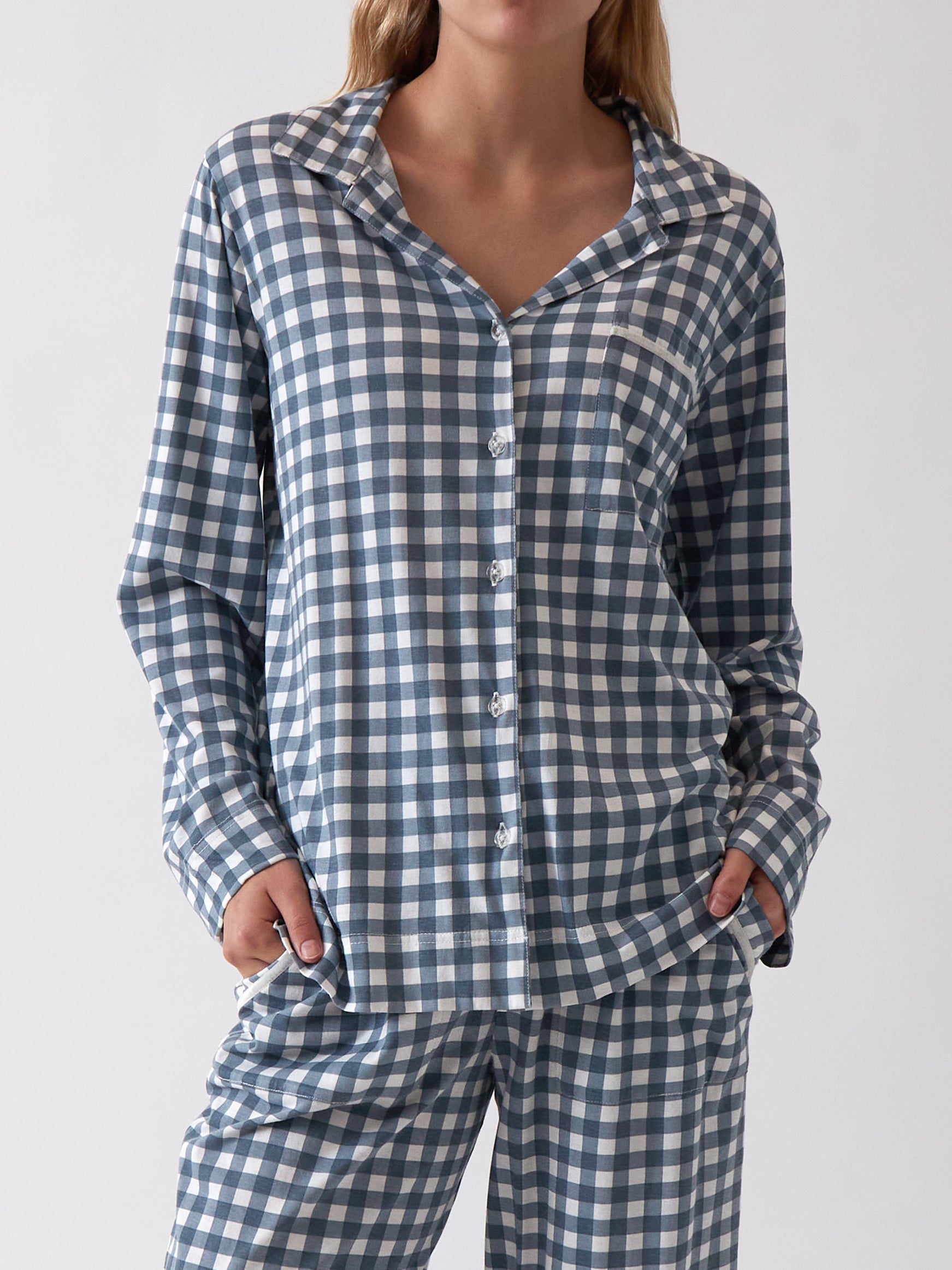 August Organic Cotton Knit PJ Shirt | Blue Gingham-1