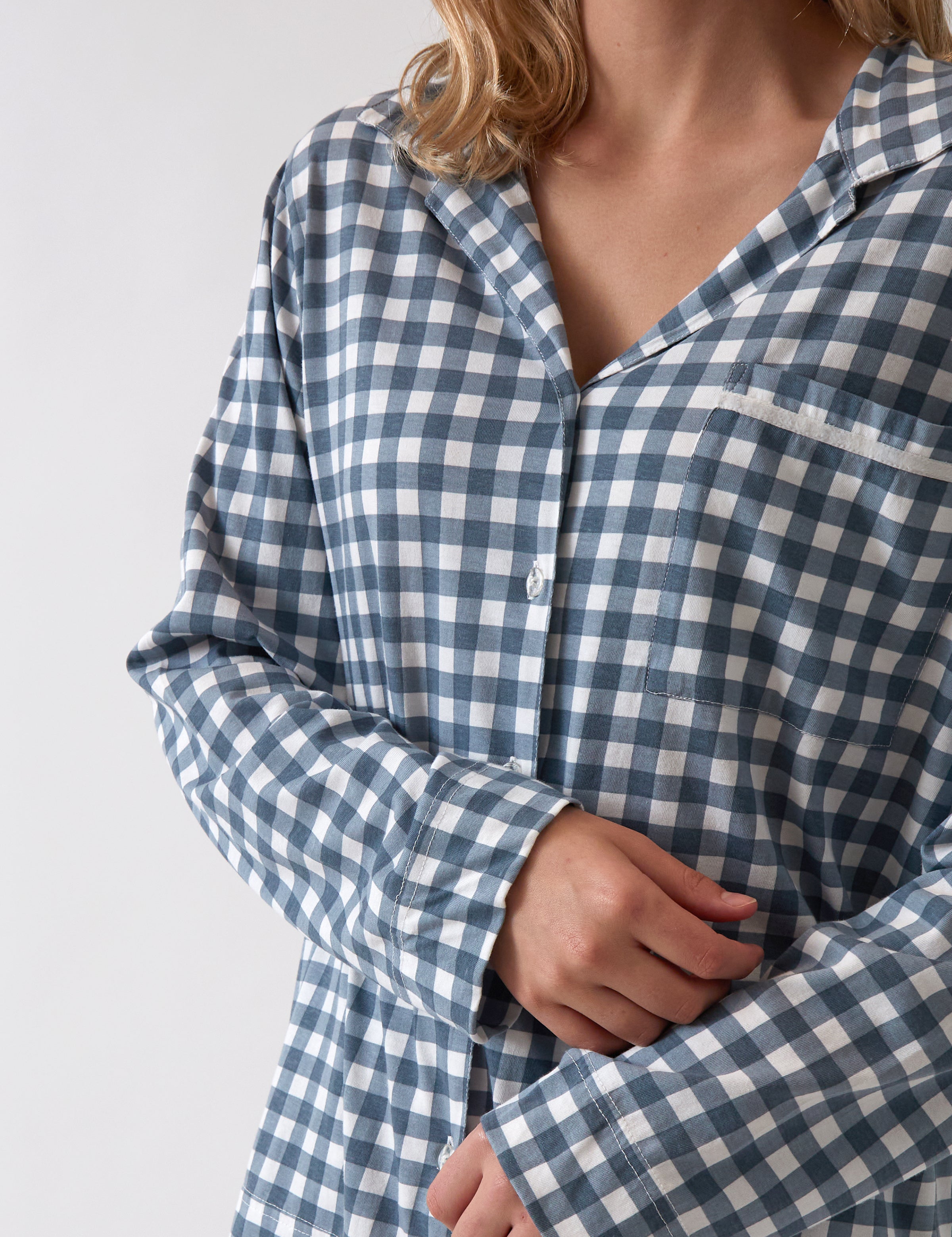 August Organic Cotton Knit PJ Shirt | Blue Gingham-2
