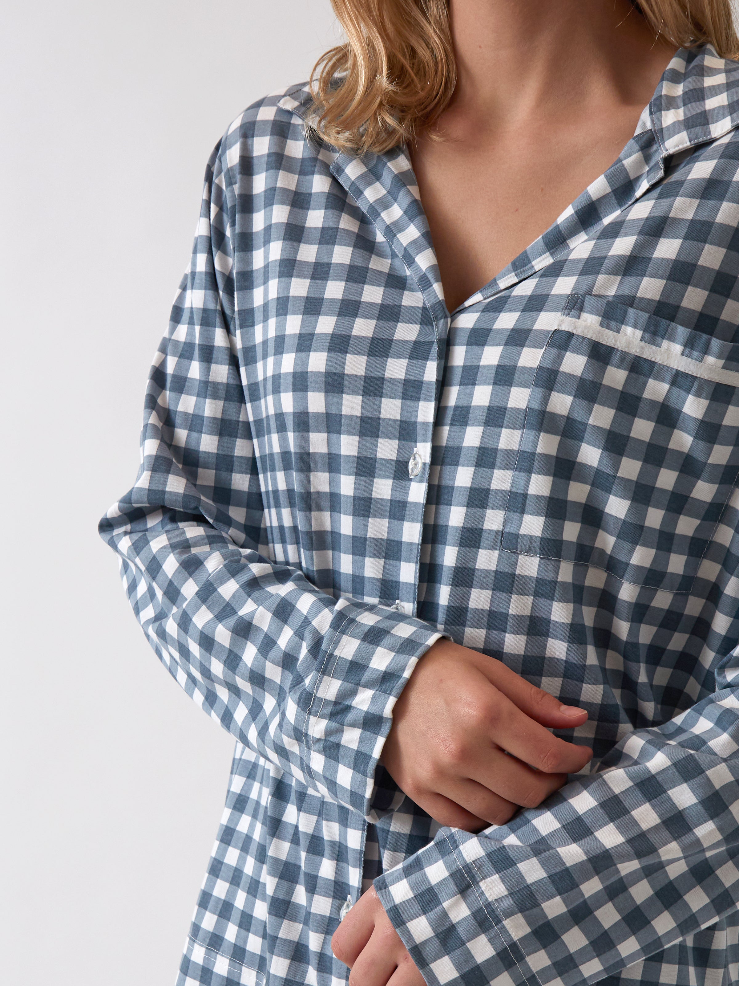 August Organic Cotton Knit PJ Shirt | Blue Gingham-2