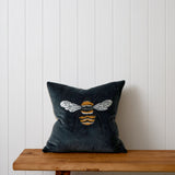 Bee Embroidered Square Cushion Cover | Midnight Natural-1