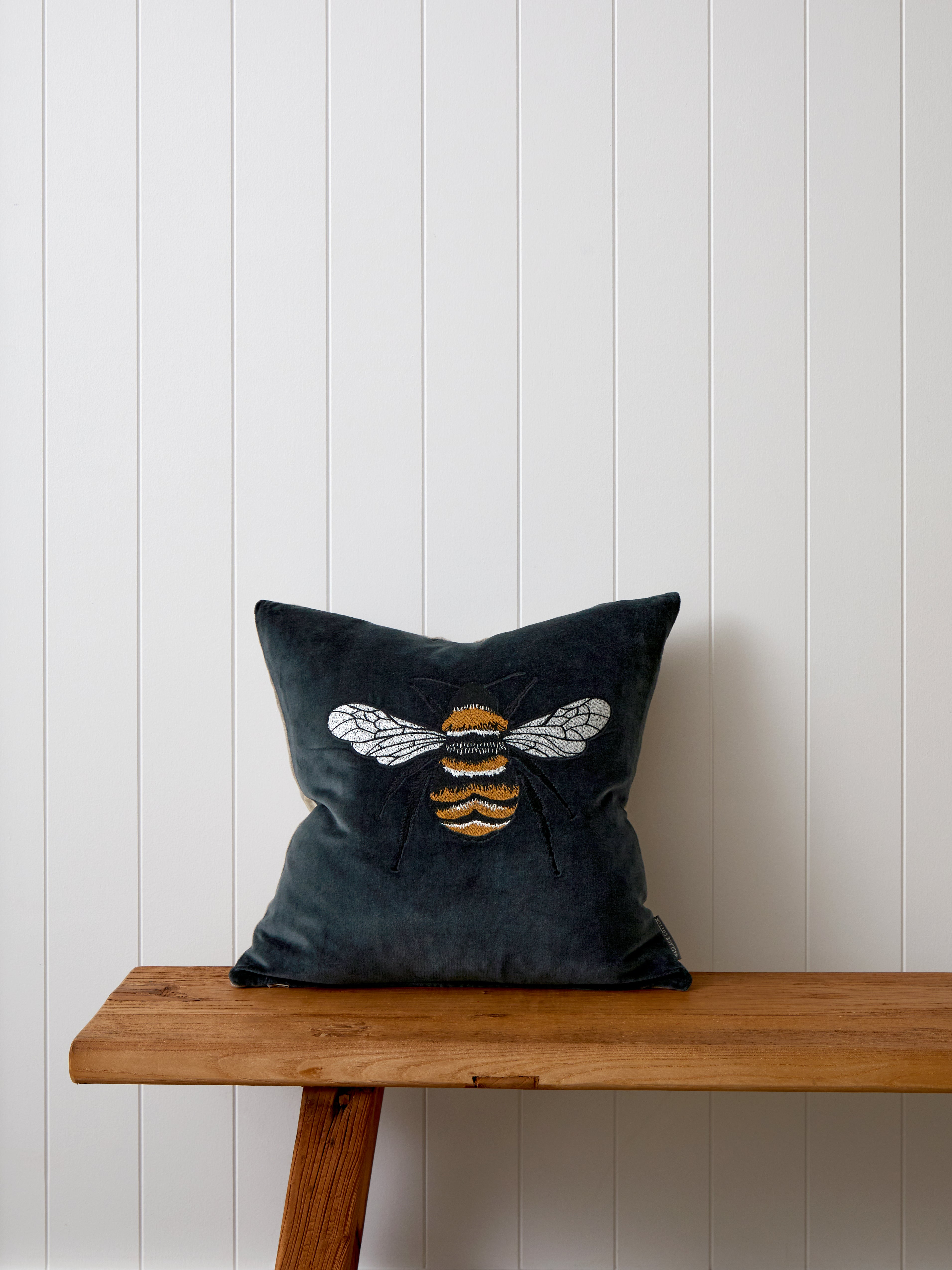 Bee Embroidered Square Cushion Cover | Midnight Natural-1