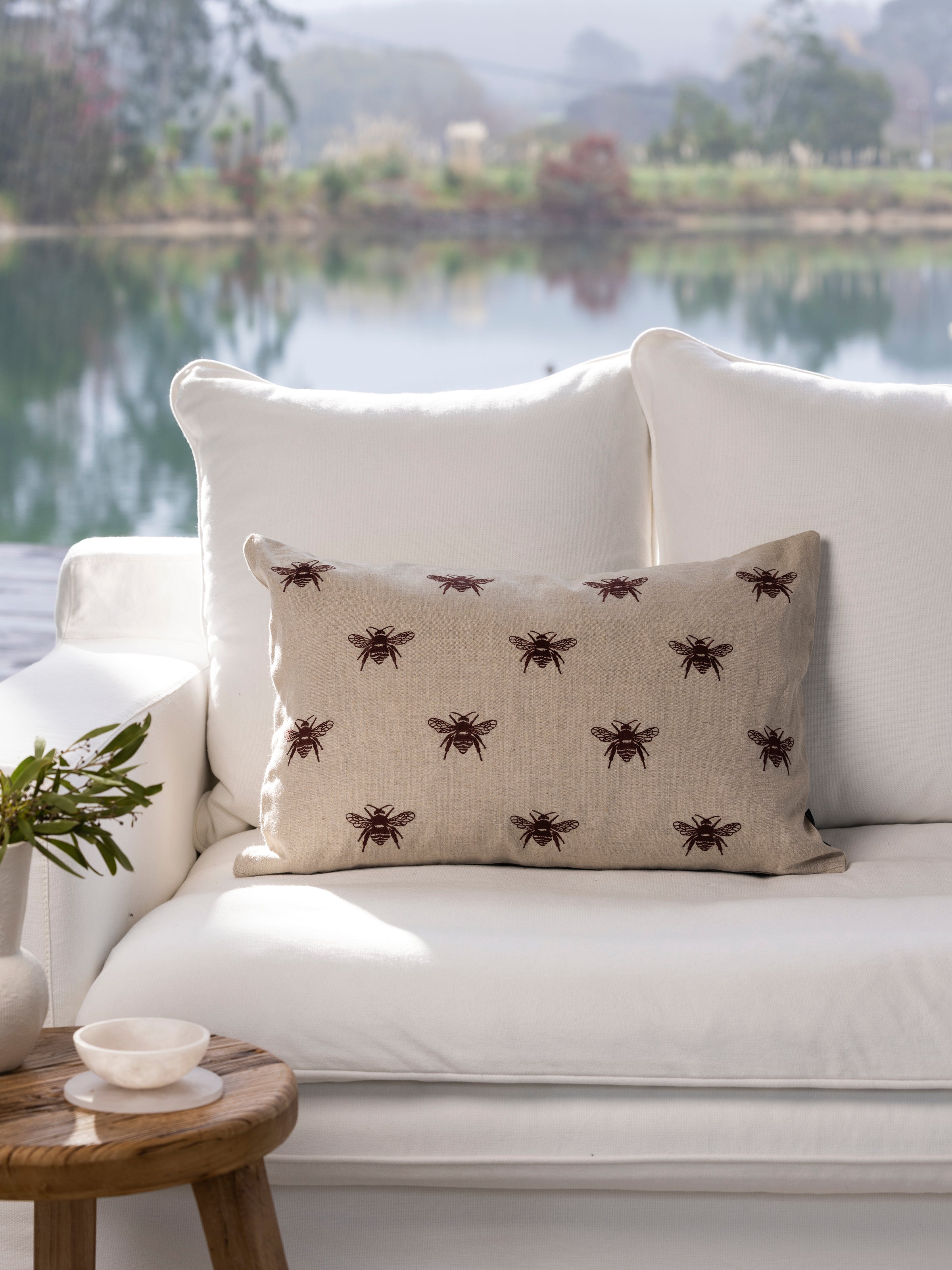 Bee Swarm Embroidery Rectangle Cushion Cover | Merlot-2