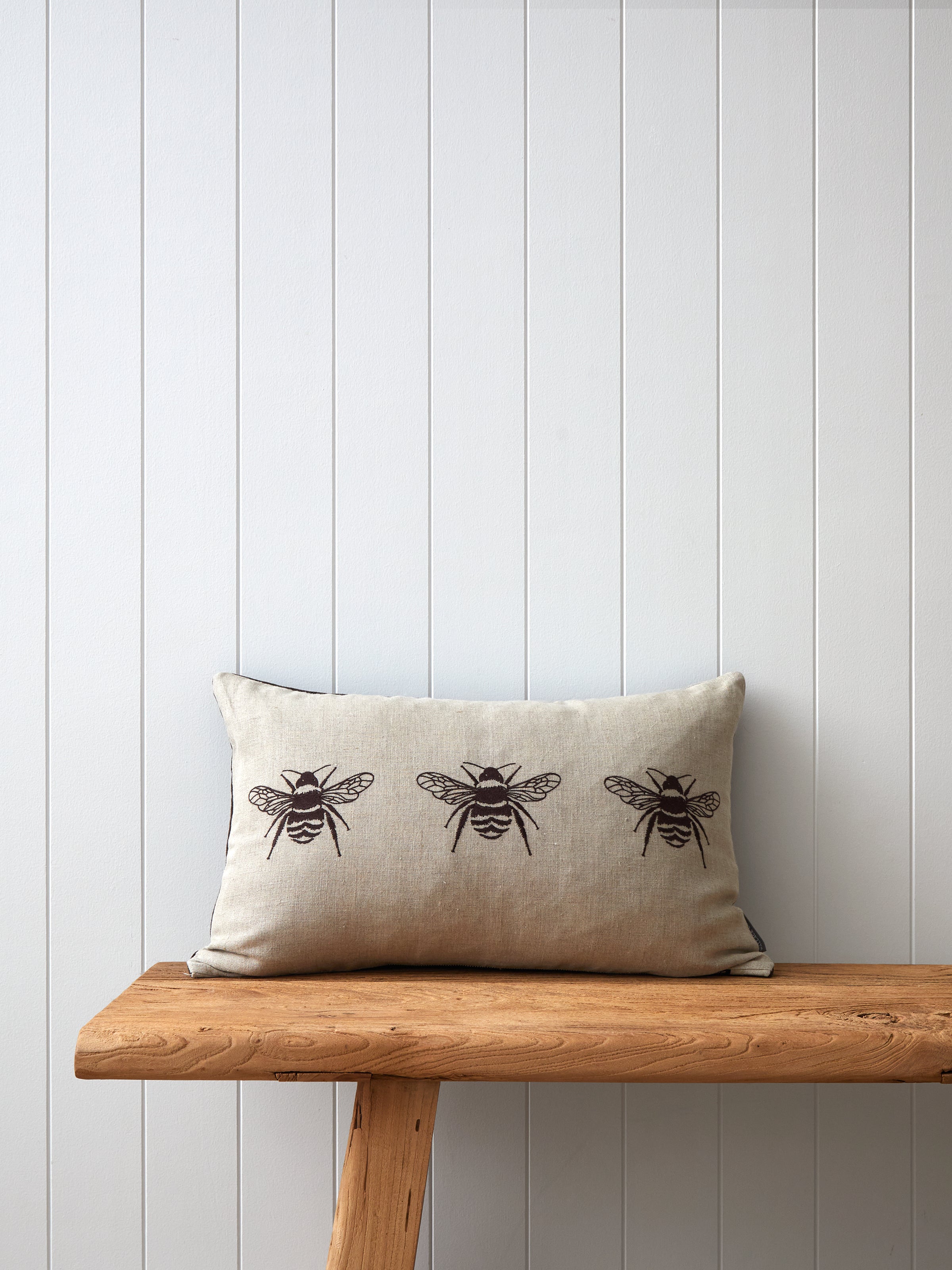 Bee Trio Embroidered Rectangle Cushion Cover | Natural Cocoa-1