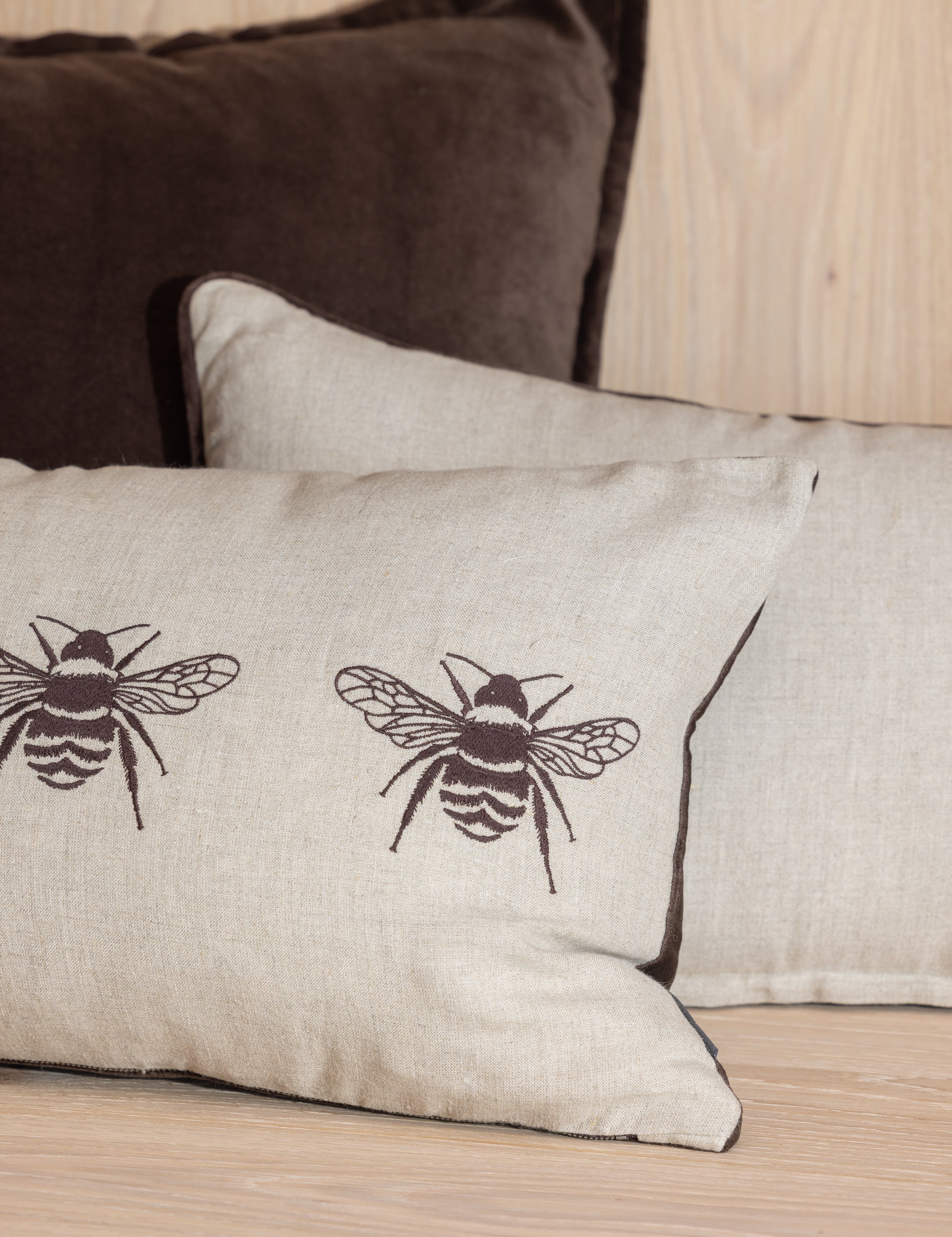Bee Trio Embroidered Rectangle Cushion Cover | Natural Cocoa-2