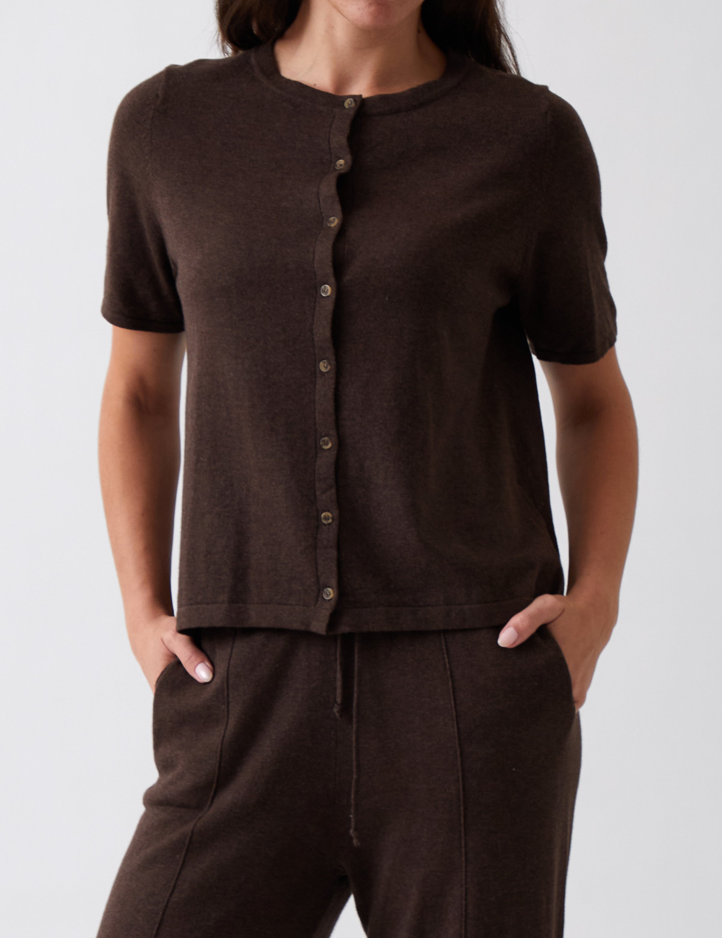 Cotton Cashmere Button Tee | Cocoa-1