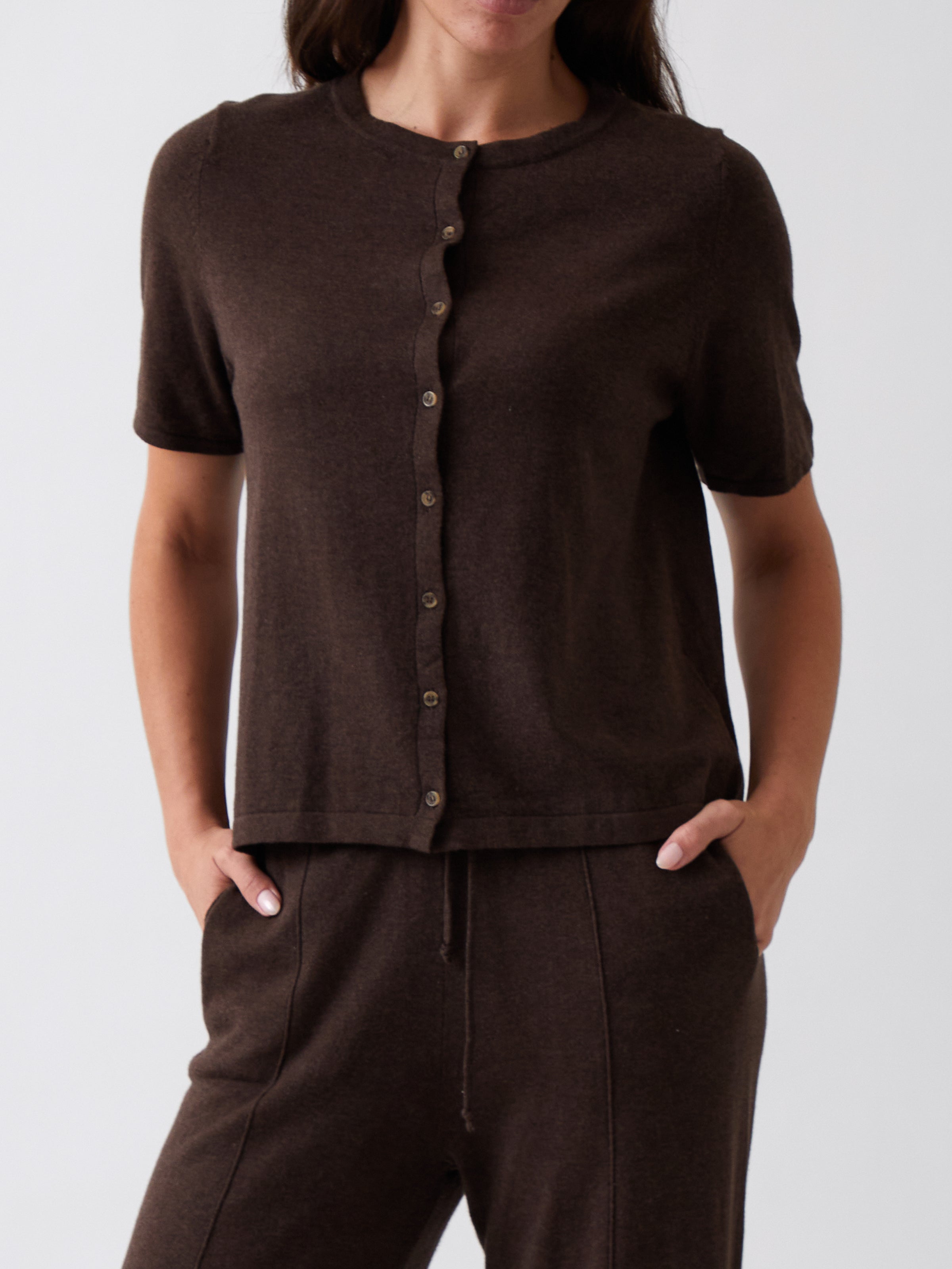 Cotton Cashmere Button Tee | Cocoa-1