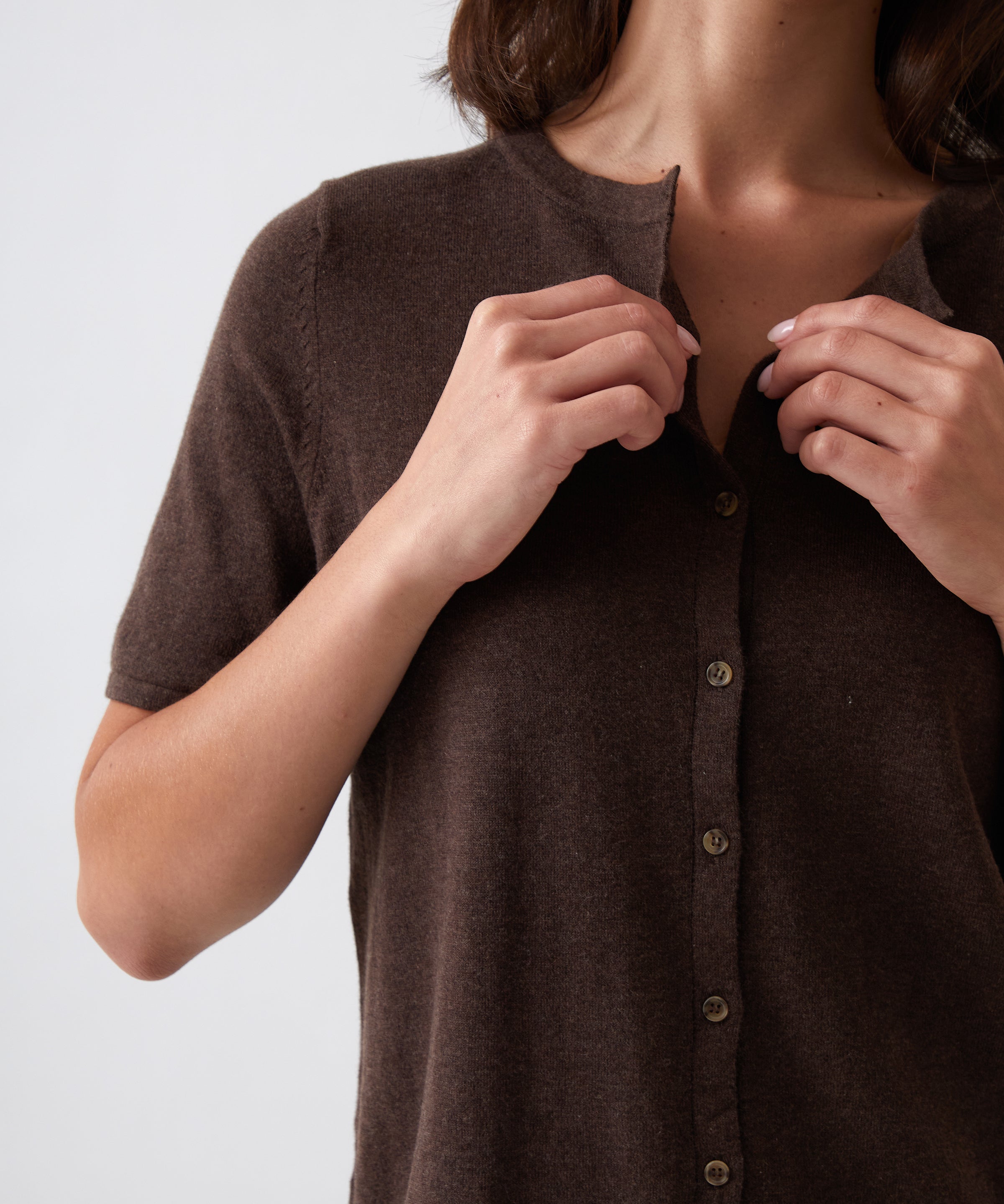 Cotton Cashmere Button Tee | Cocoa-2
