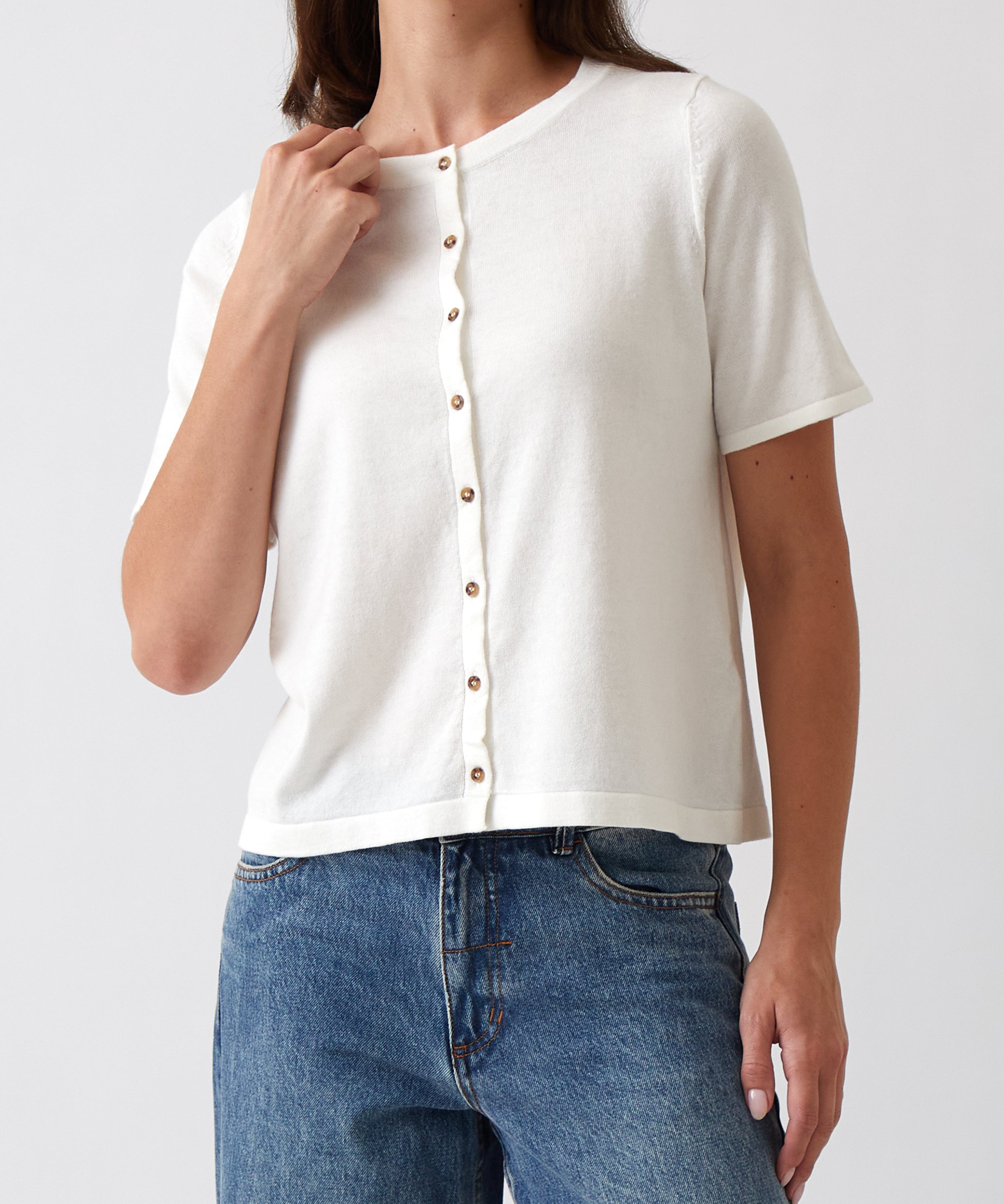 Cotton Cashmere Button Tee | Ivory-1