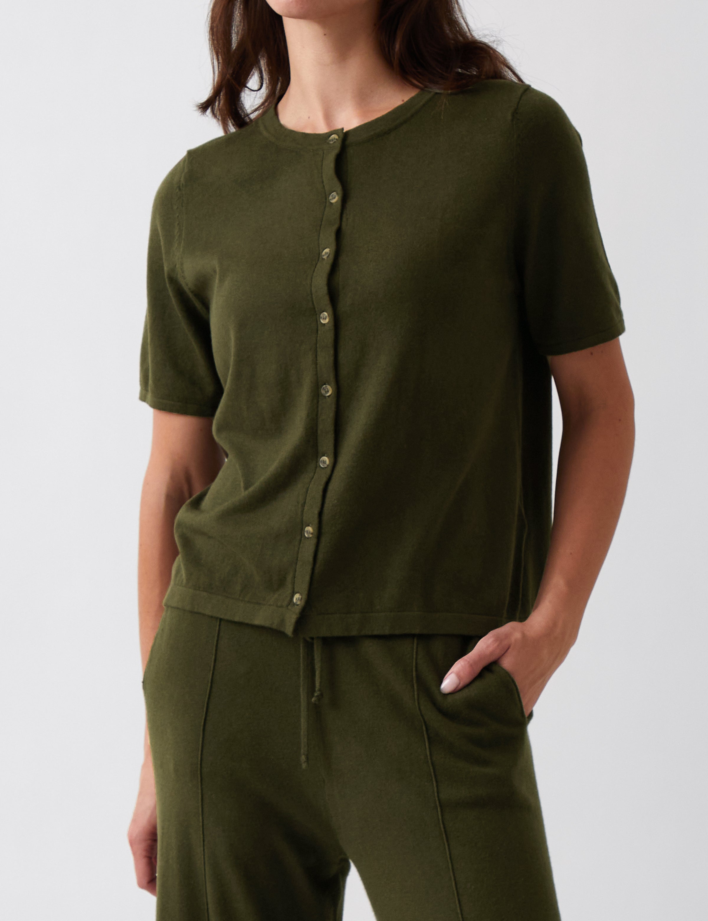 Cotton Cashmere Button Tee | Olive-1