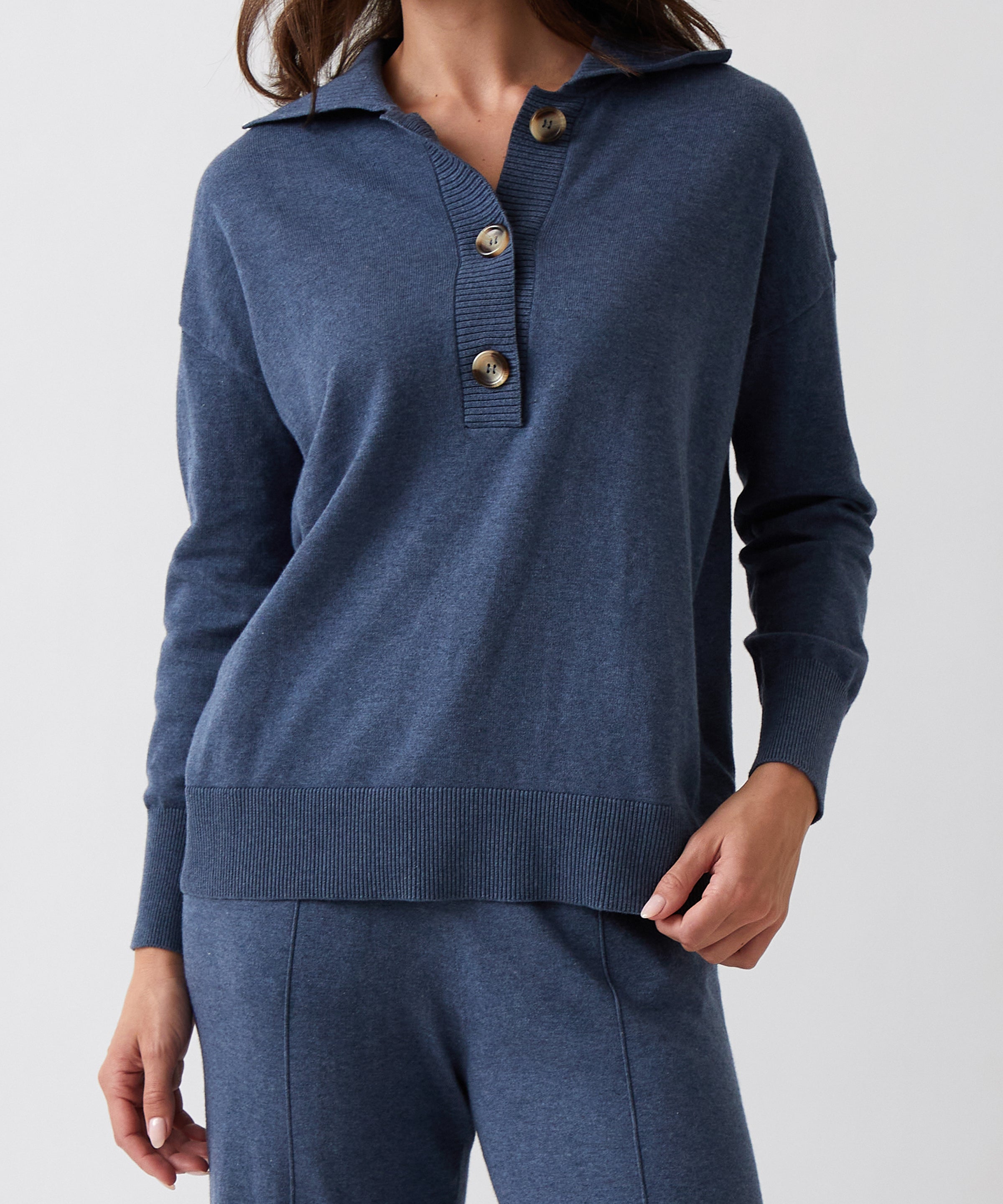 Cotton Cashmere Collared Jumper | Blue-1