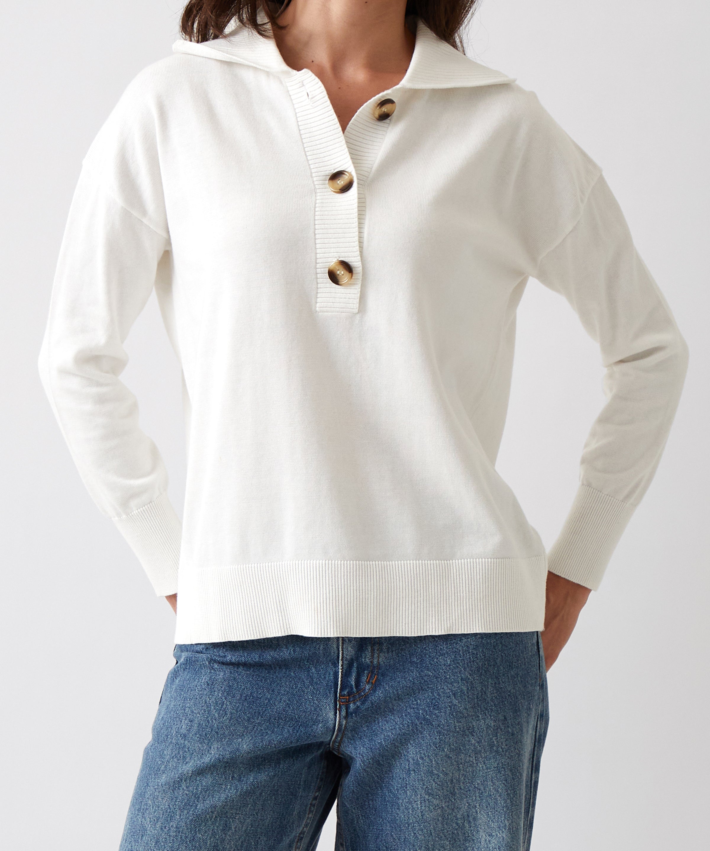 Cotton Cashmere Collared Jumper | Ivory-1