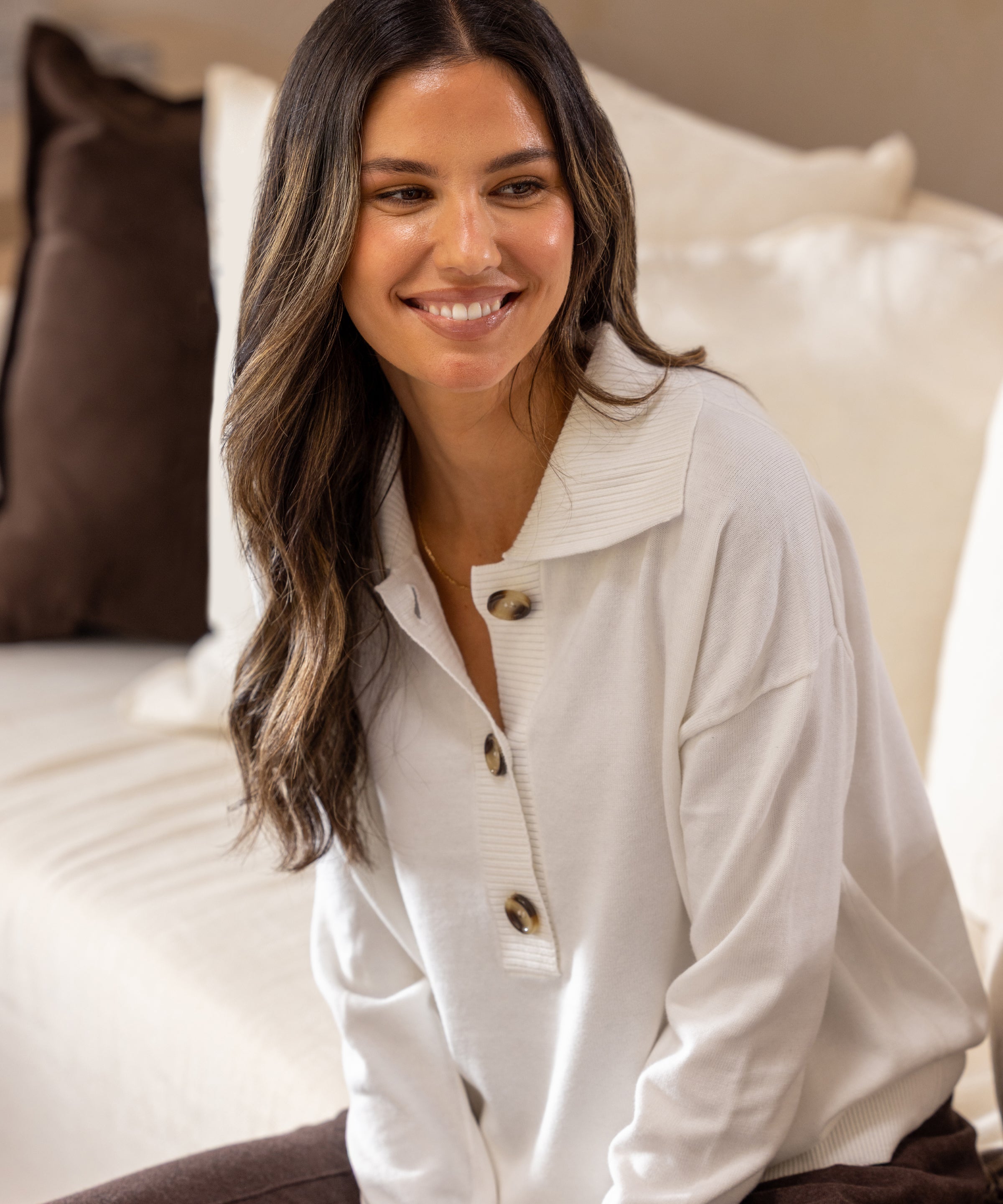 Cotton Cashmere Collared Jumper | Ivory-3