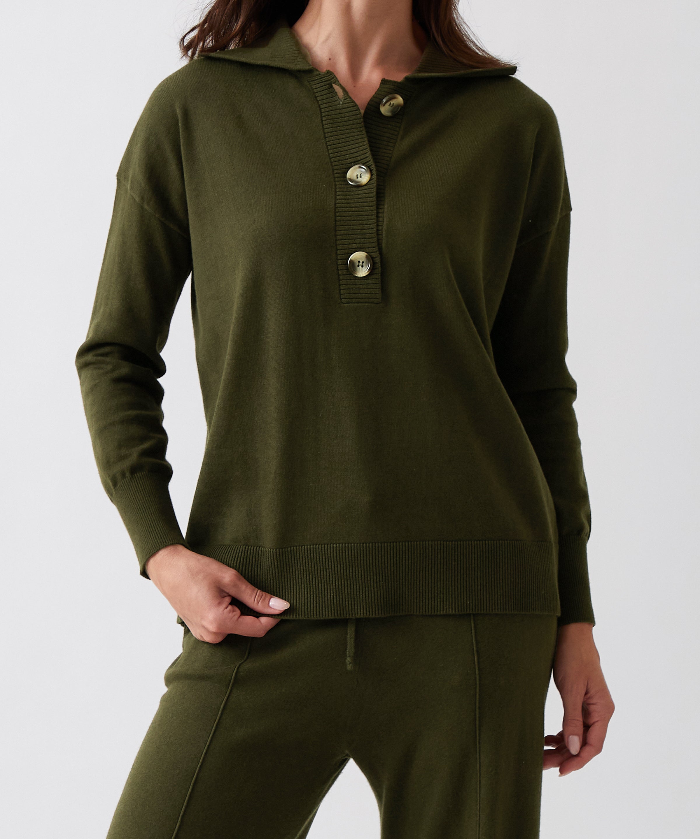 Cotton Cashmere Collared Jumper | Olive-1