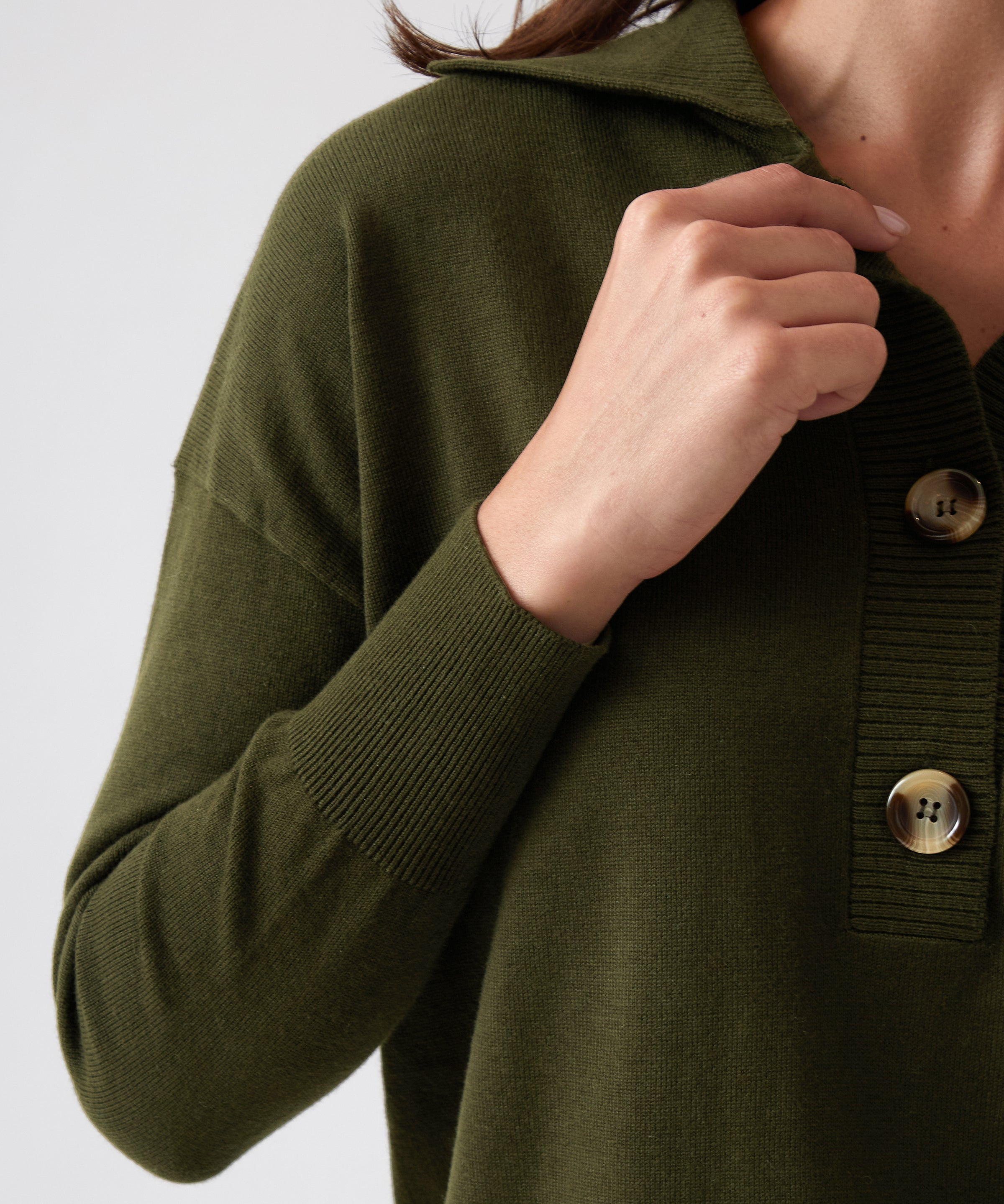 Cotton Cashmere Collared Jumper | Olive-2