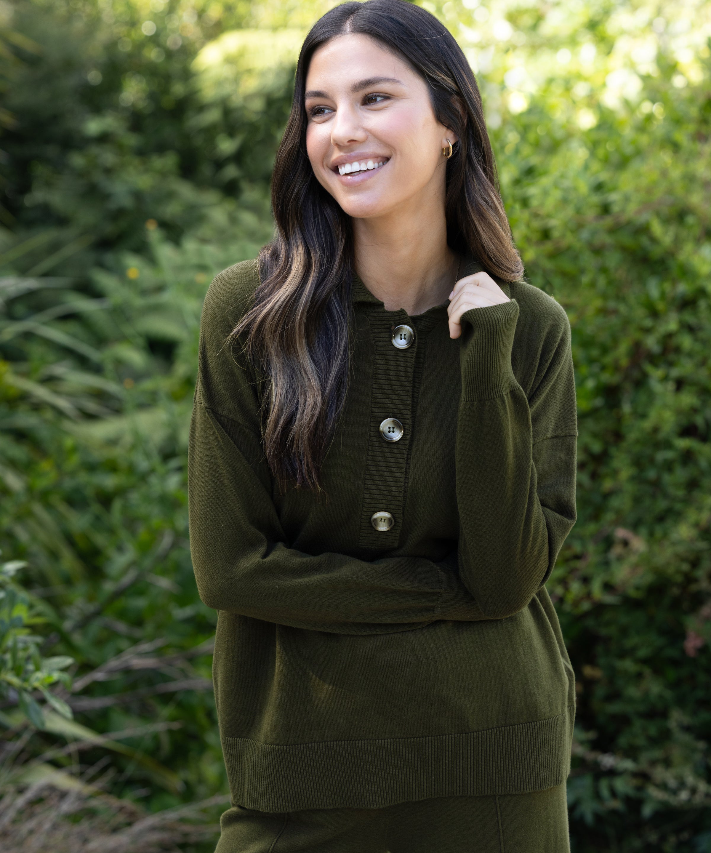 Cotton Cashmere Collared Jumper | Olive-3