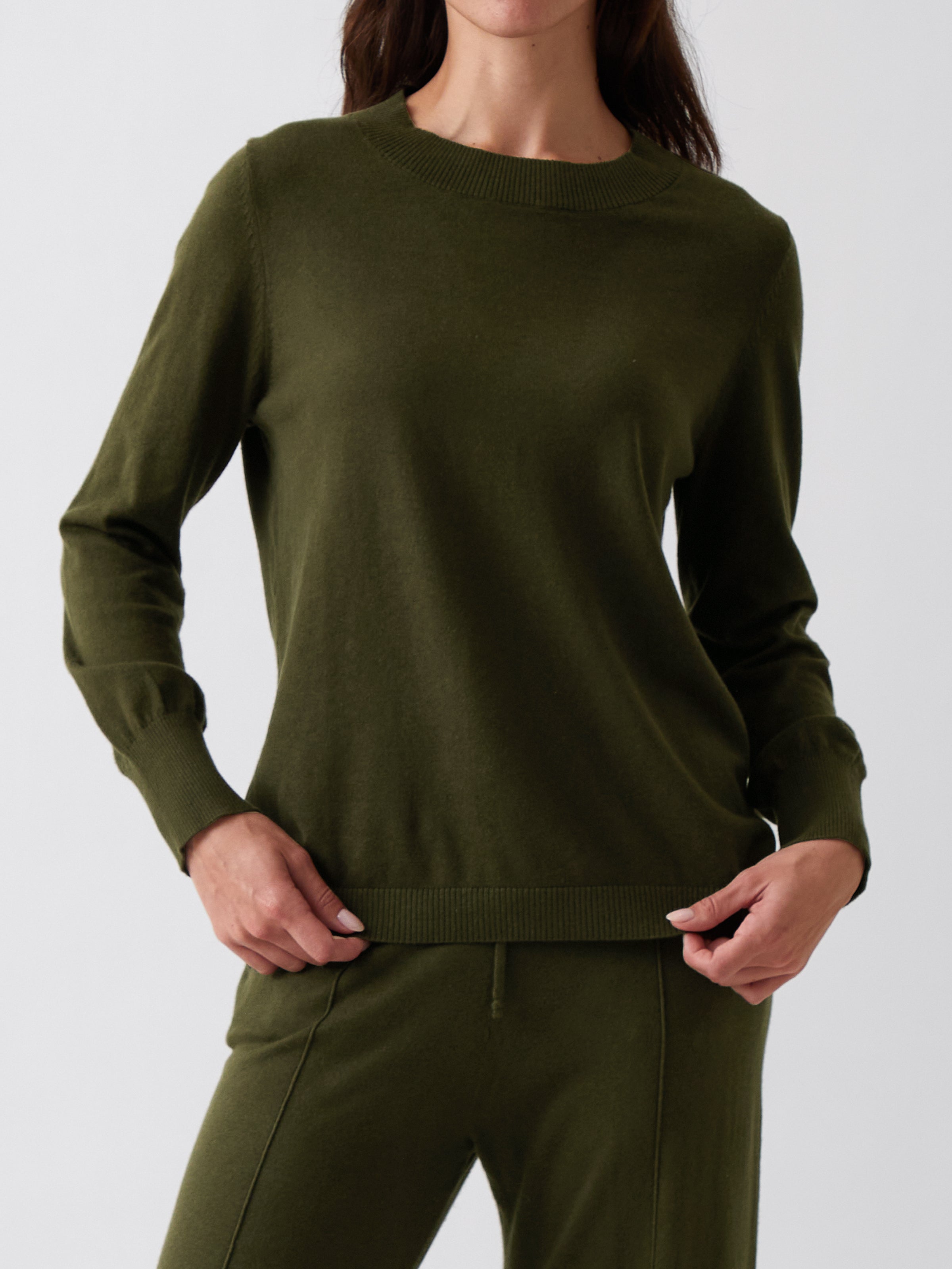Cotton Cashmere Crew Jumper | Olive-1