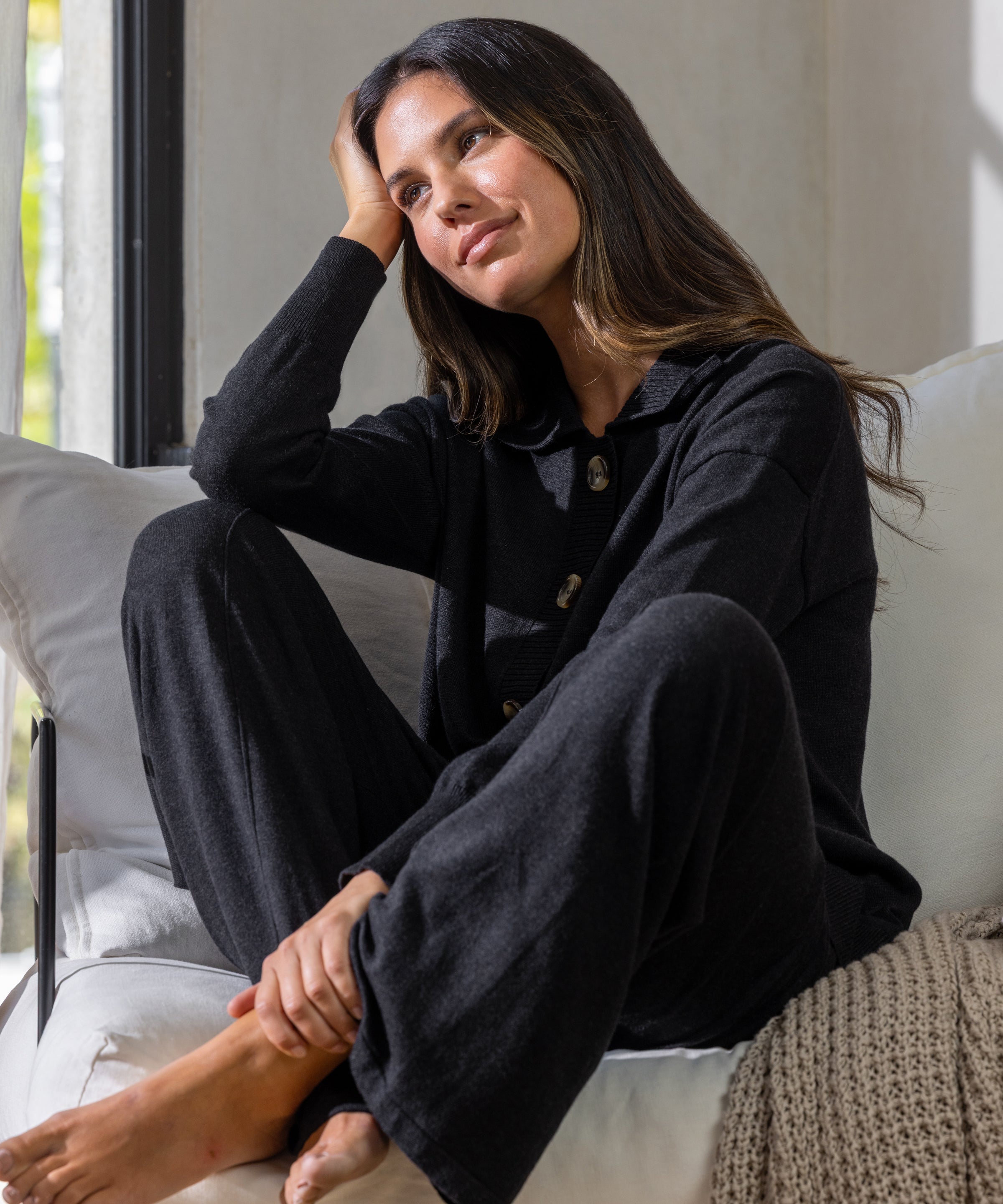 Cotton Cashmere Wide Leg Lounge Pants | Black-3