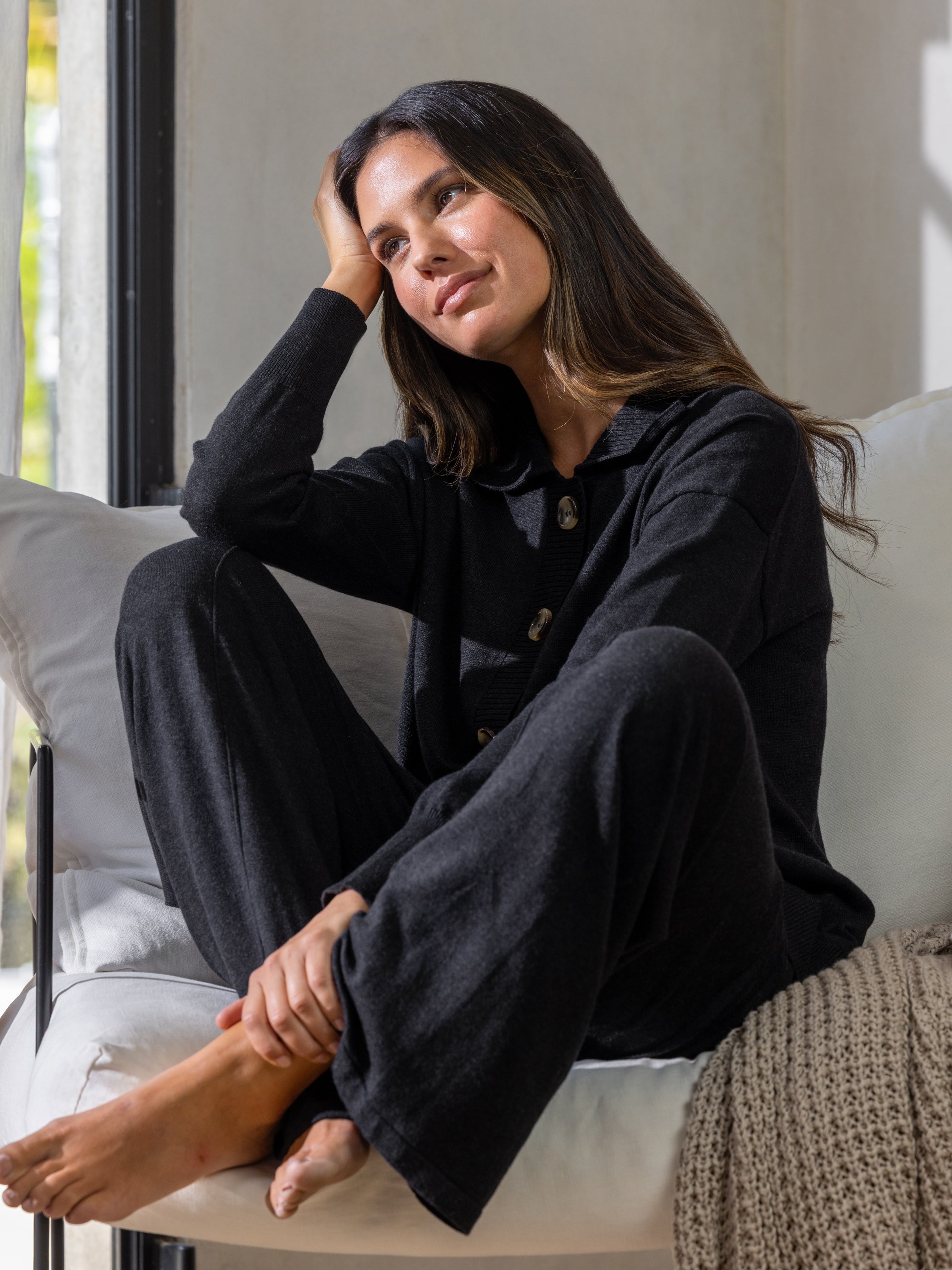Cotton Cashmere Wide Leg Lounge Pants | Black-3