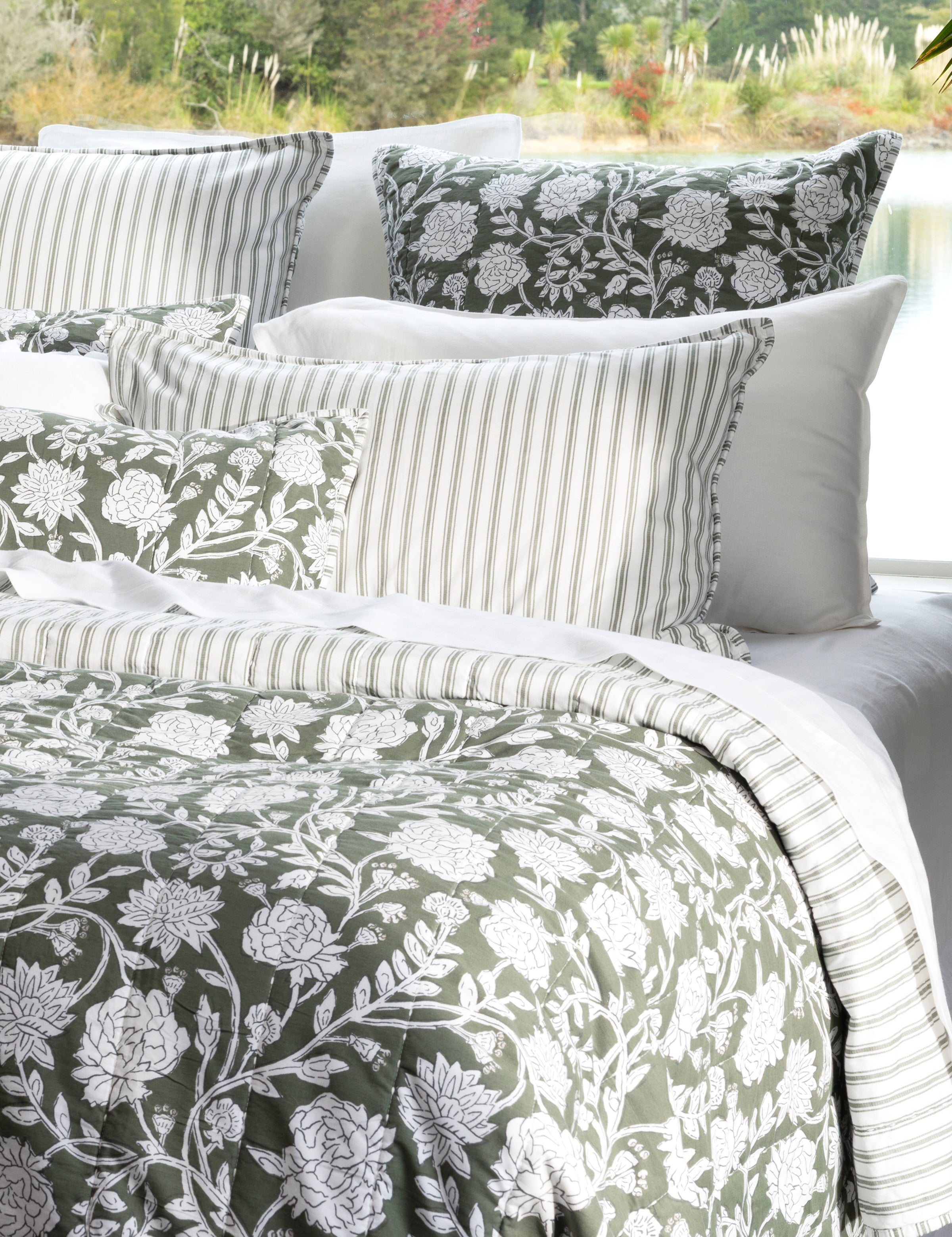 Elora European Pillowcase | Green Floral-2