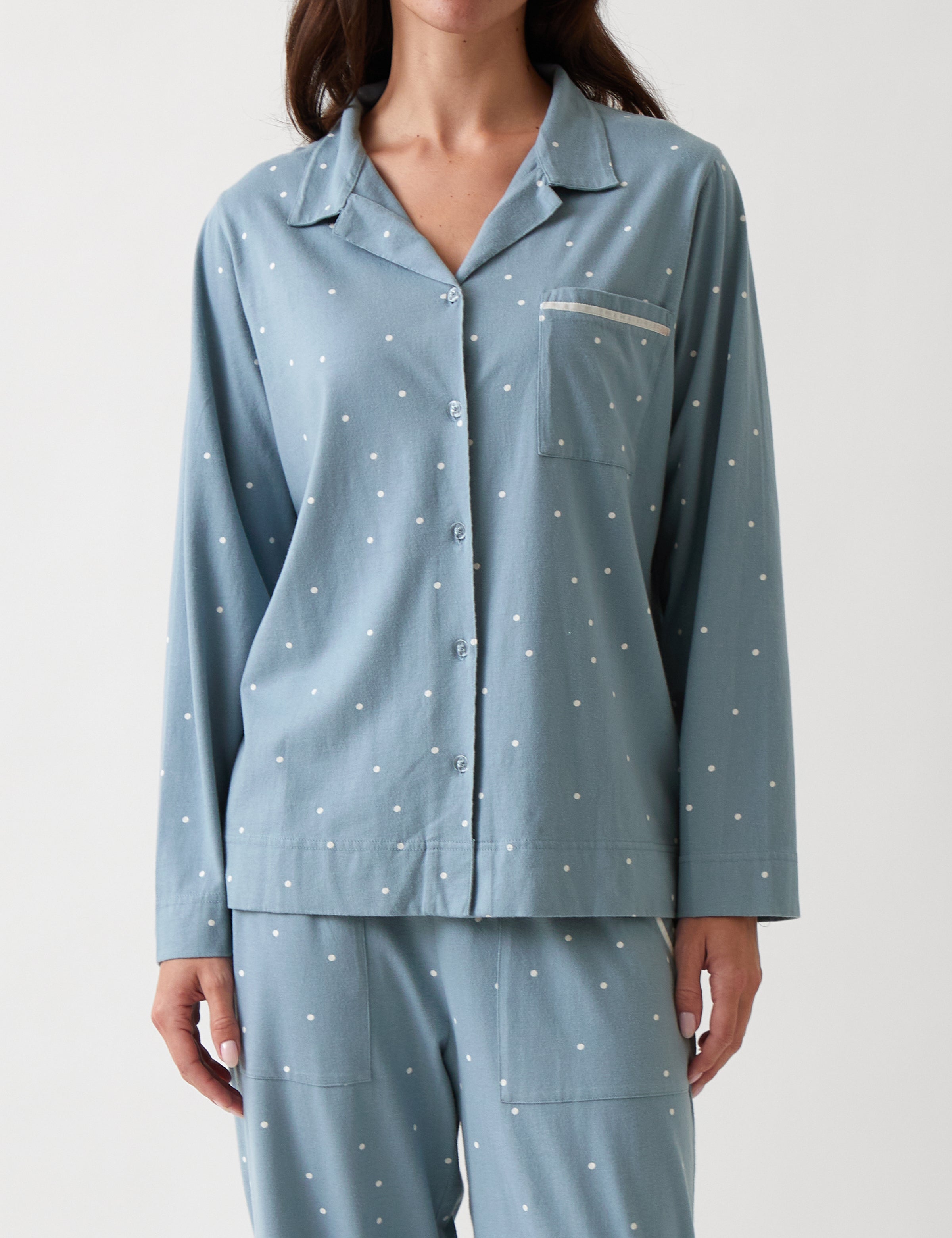 Georgie Organic Brushed Cotton Knit PJ Shirt | Blue-1