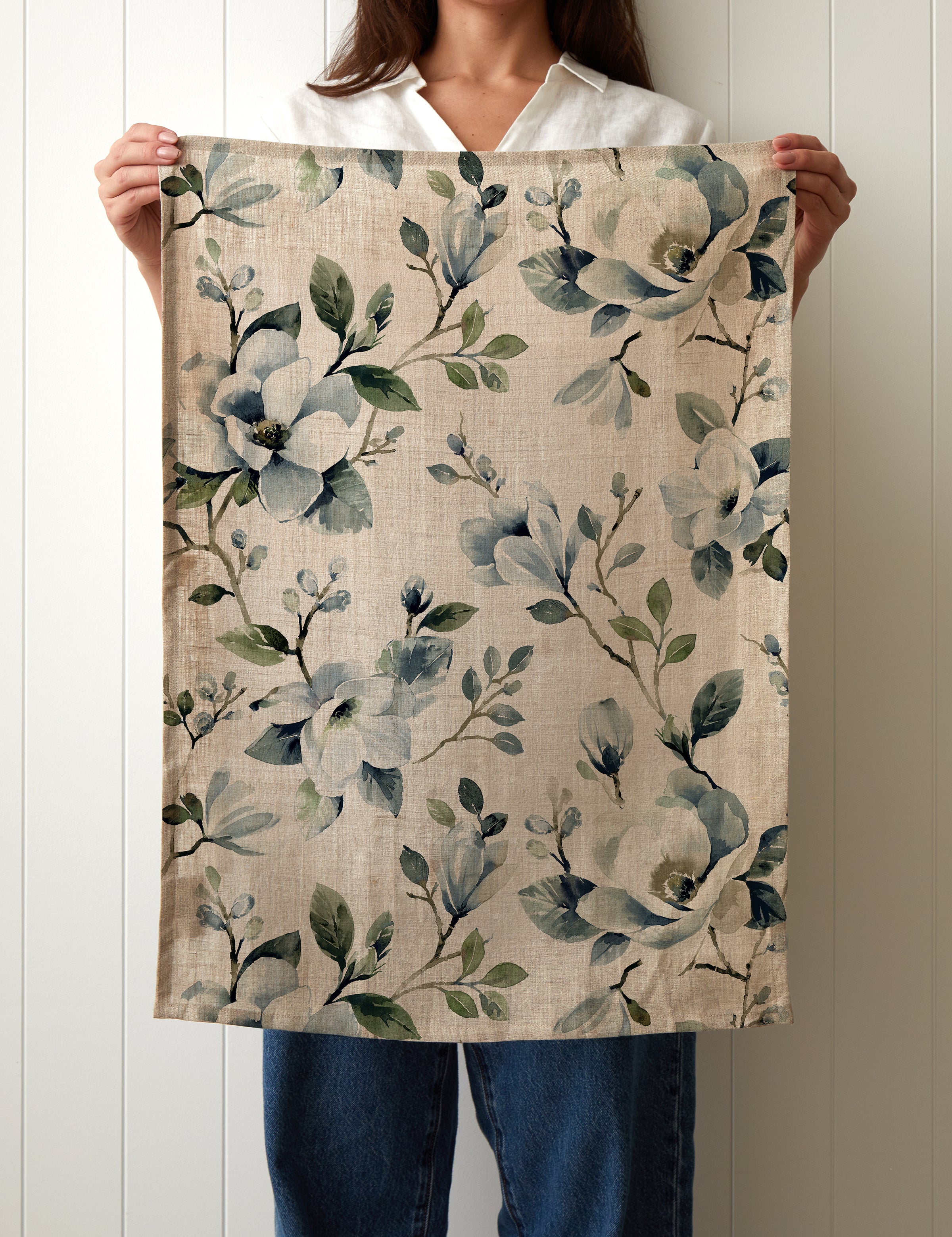 Magnolia Linen Tea Towel | Blue Floral-2