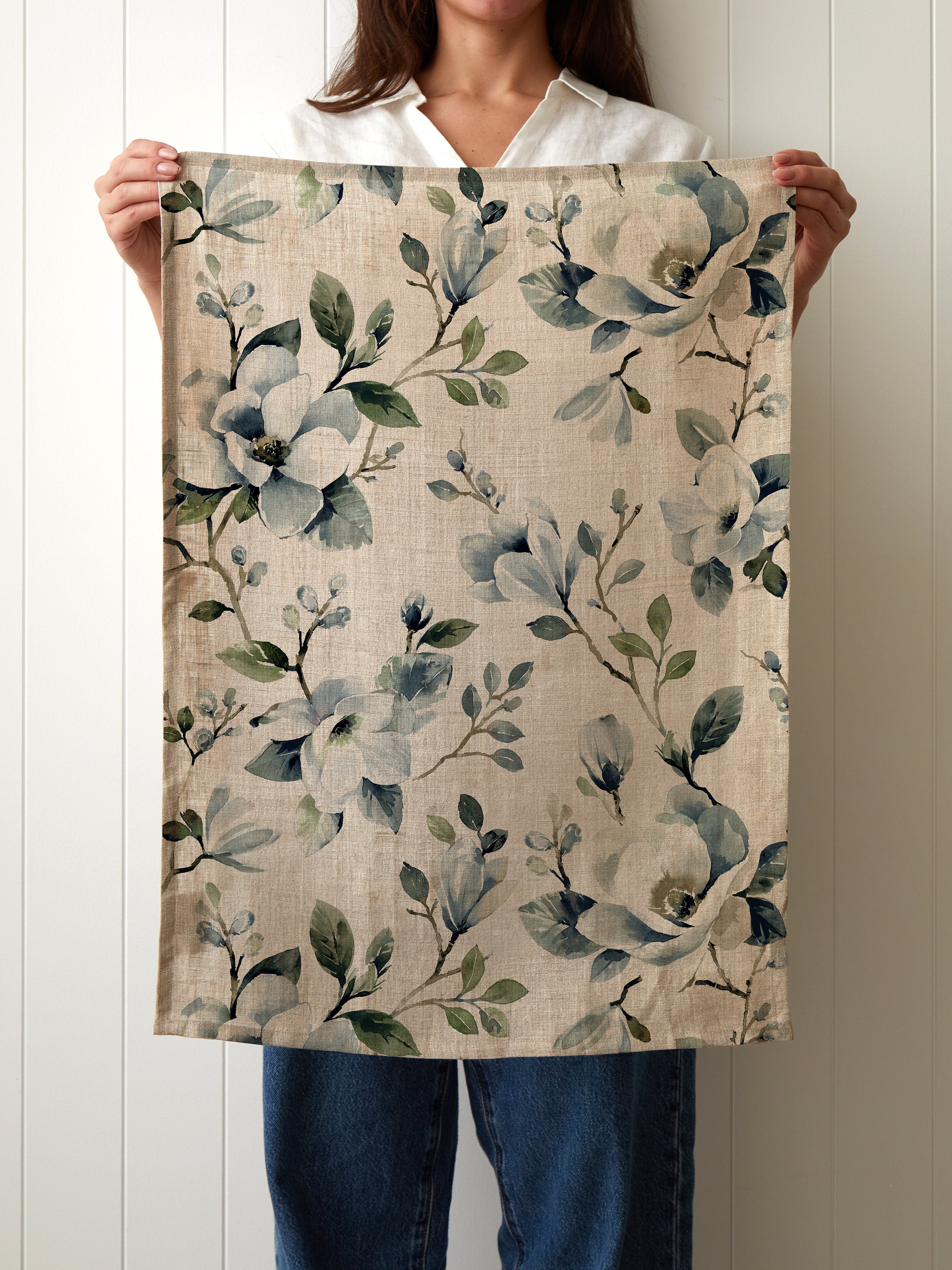 Magnolia Linen Tea Towel | Blue Floral-2