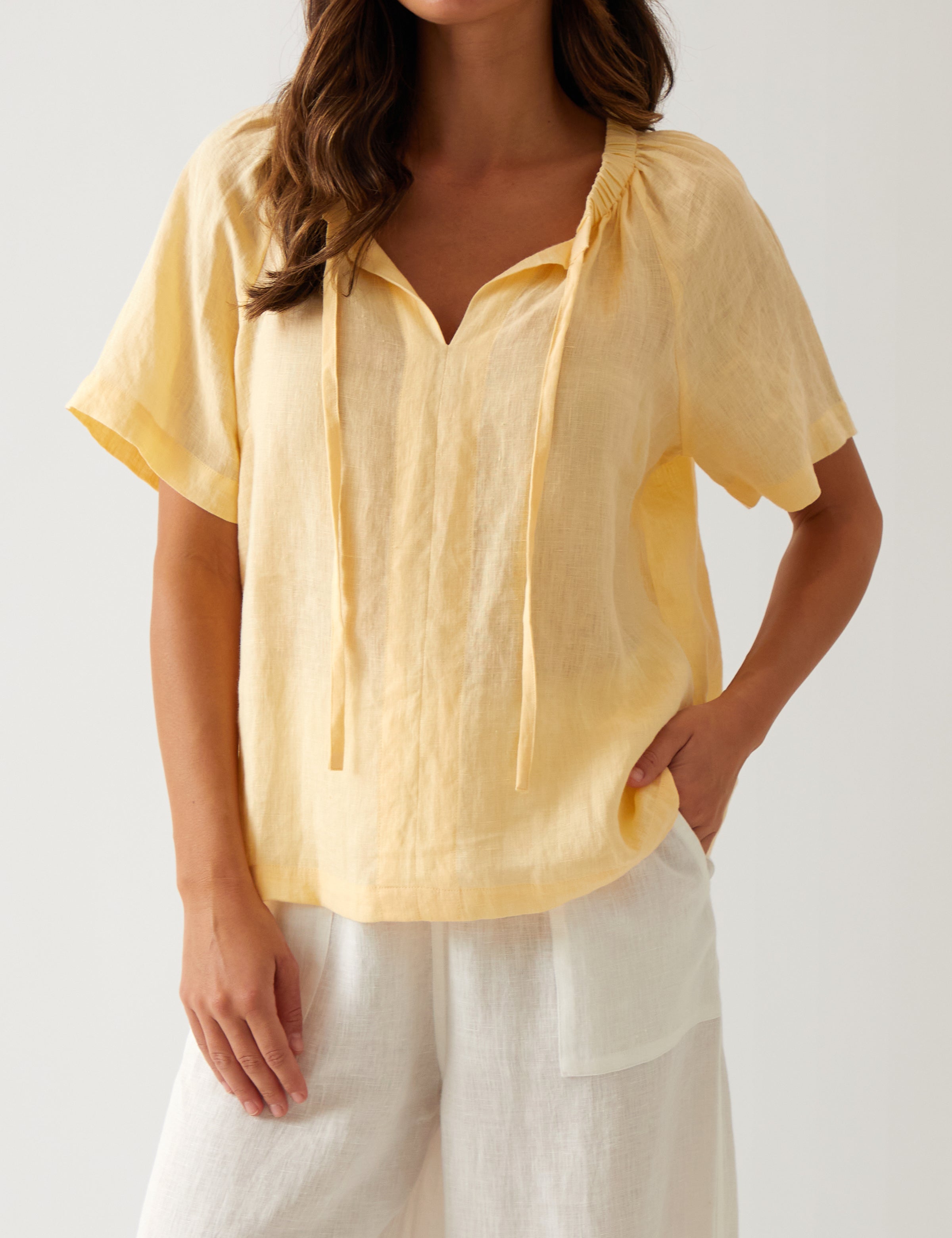 Monaco Linen Gathered Top | Butter-1