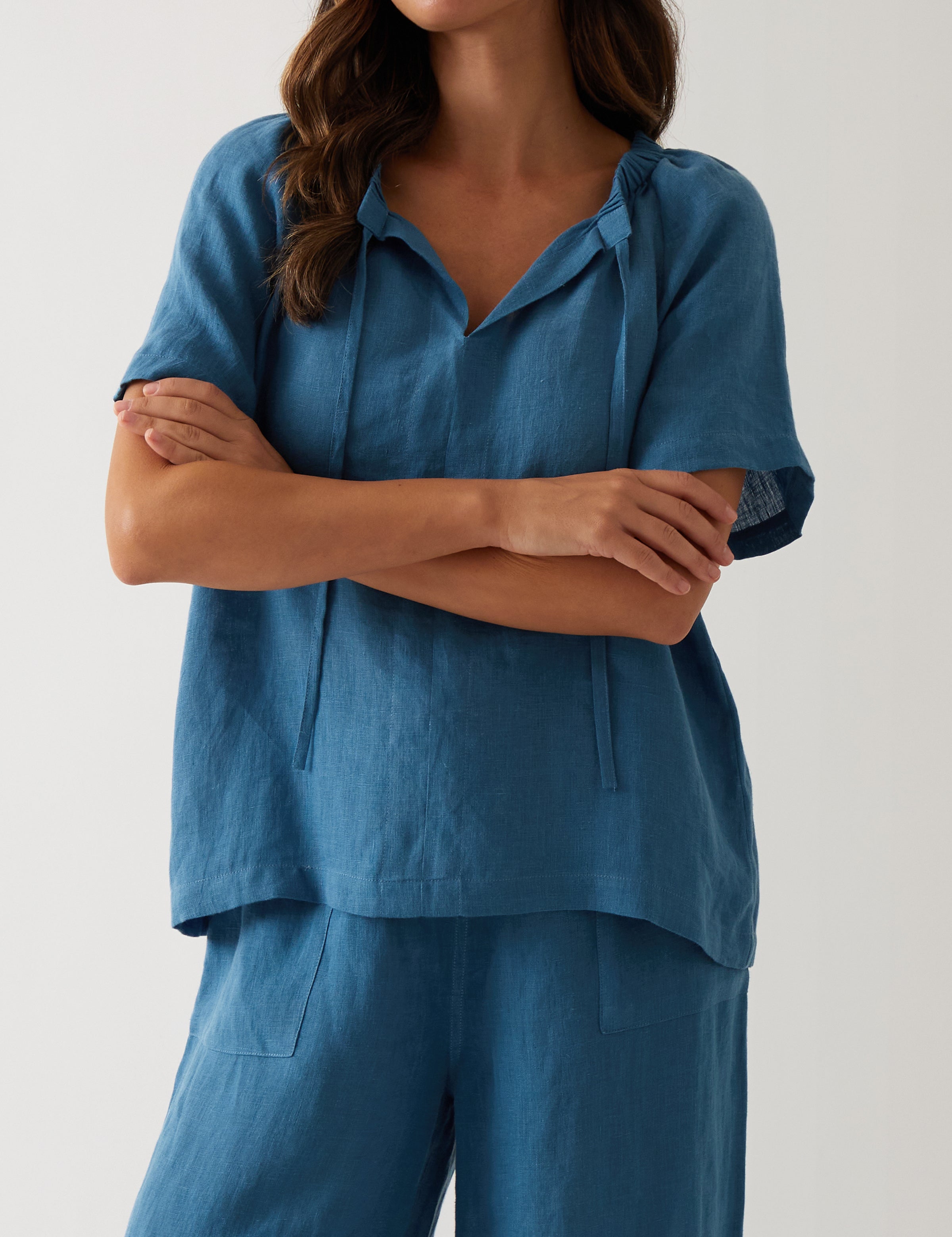 Monaco Linen Gathered Top | Ocean-1