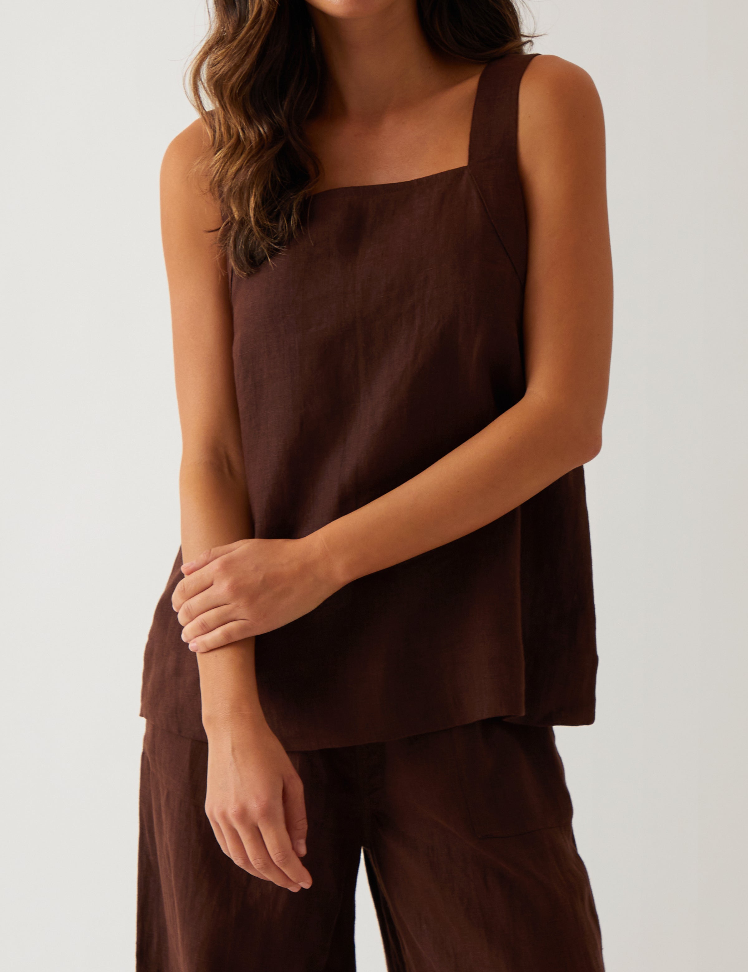 Monaco Linen Wide Strap Top | Chocolate-1