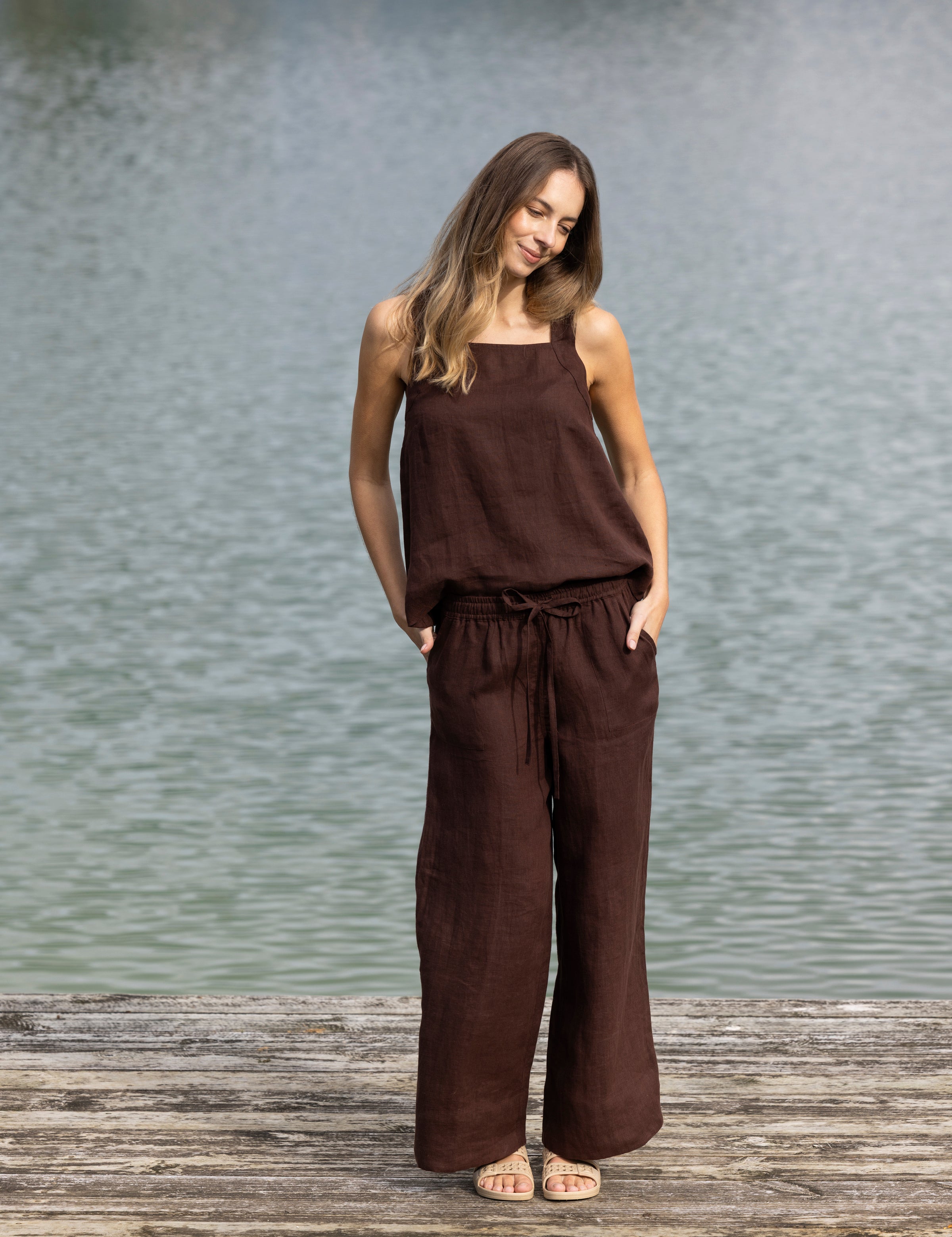 Monaco Linen Wide Strap Top | Chocolate-3