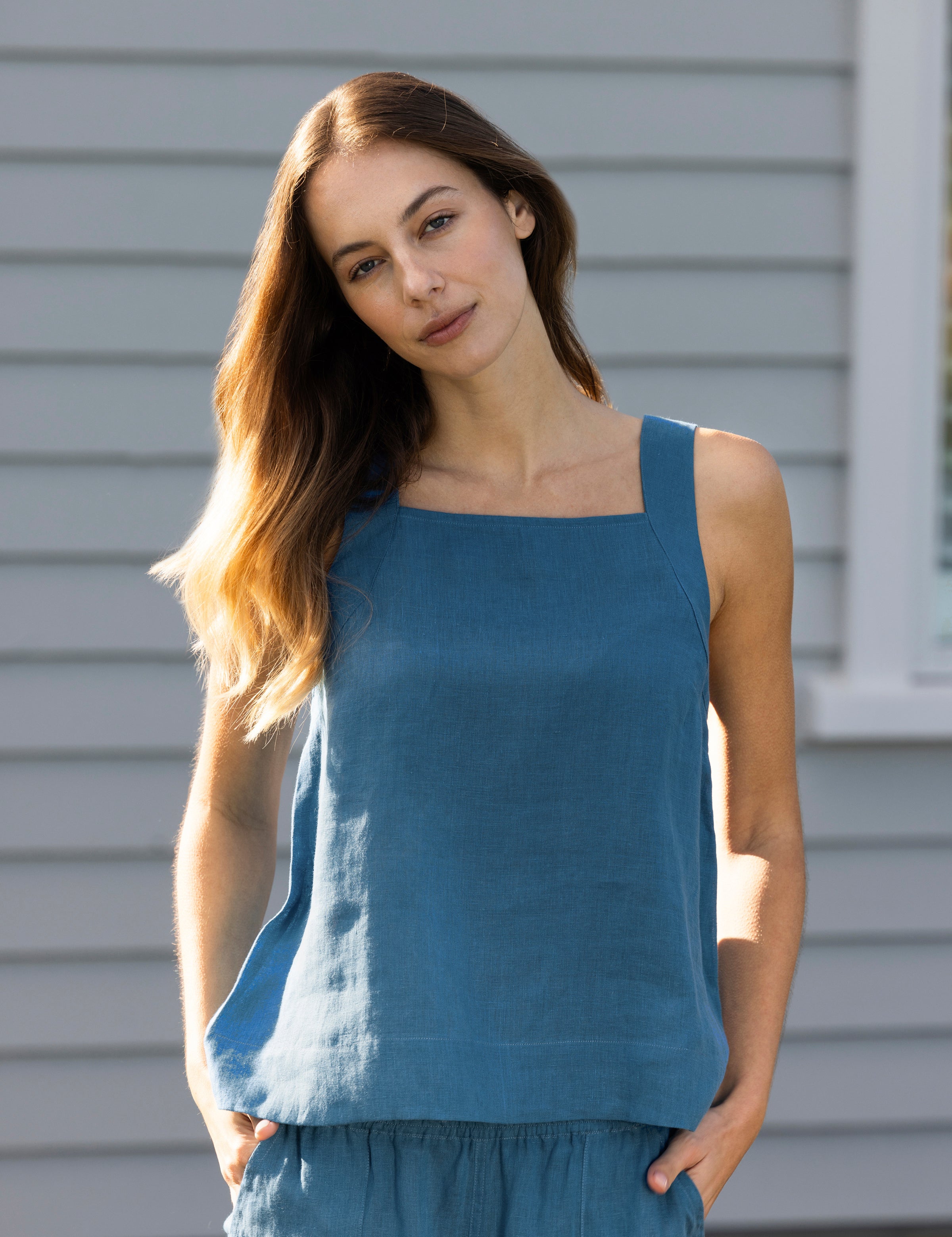Monaco Linen Wide Strap Top | Ocean-3