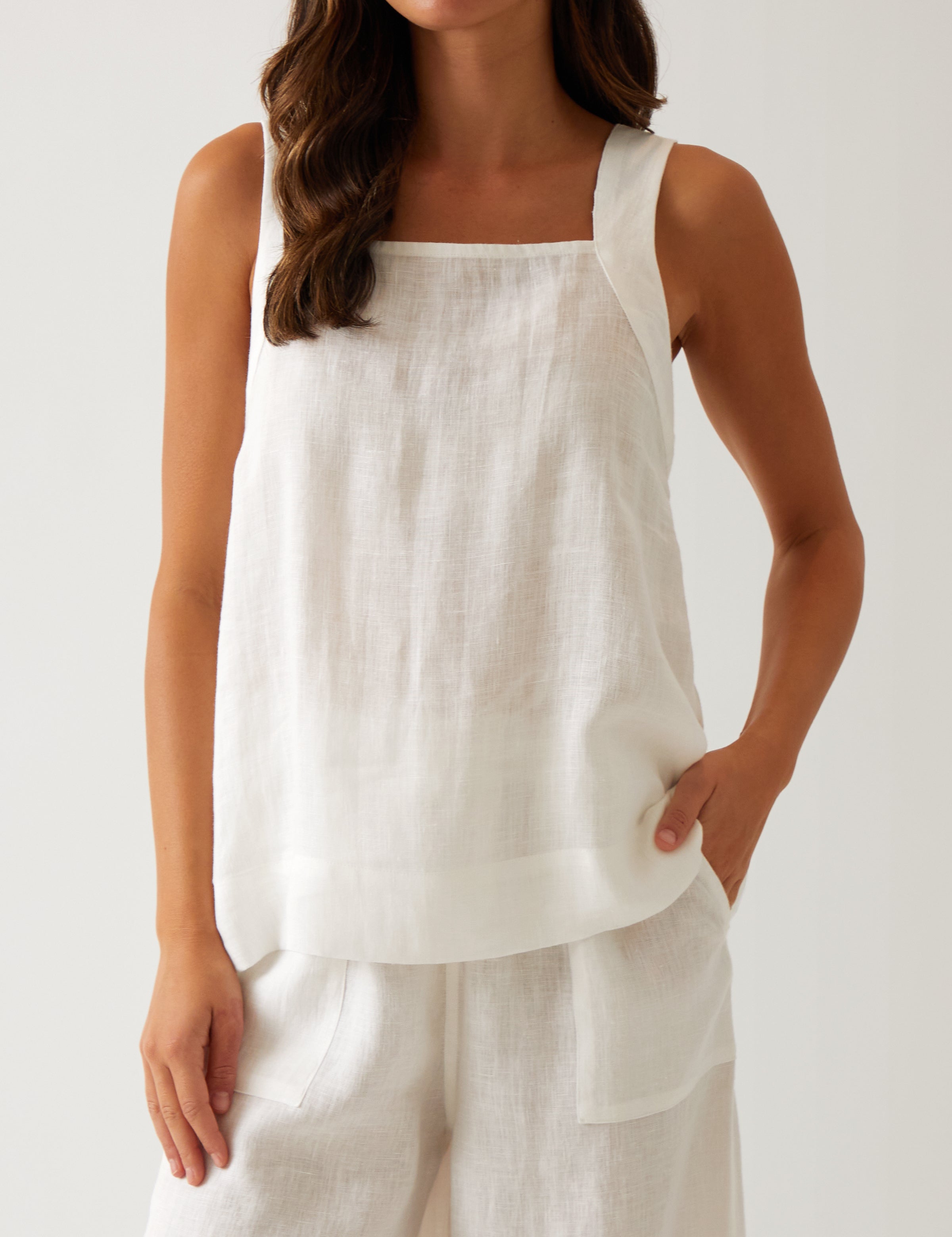 Monaco Linen Wide Strap Top | White-1