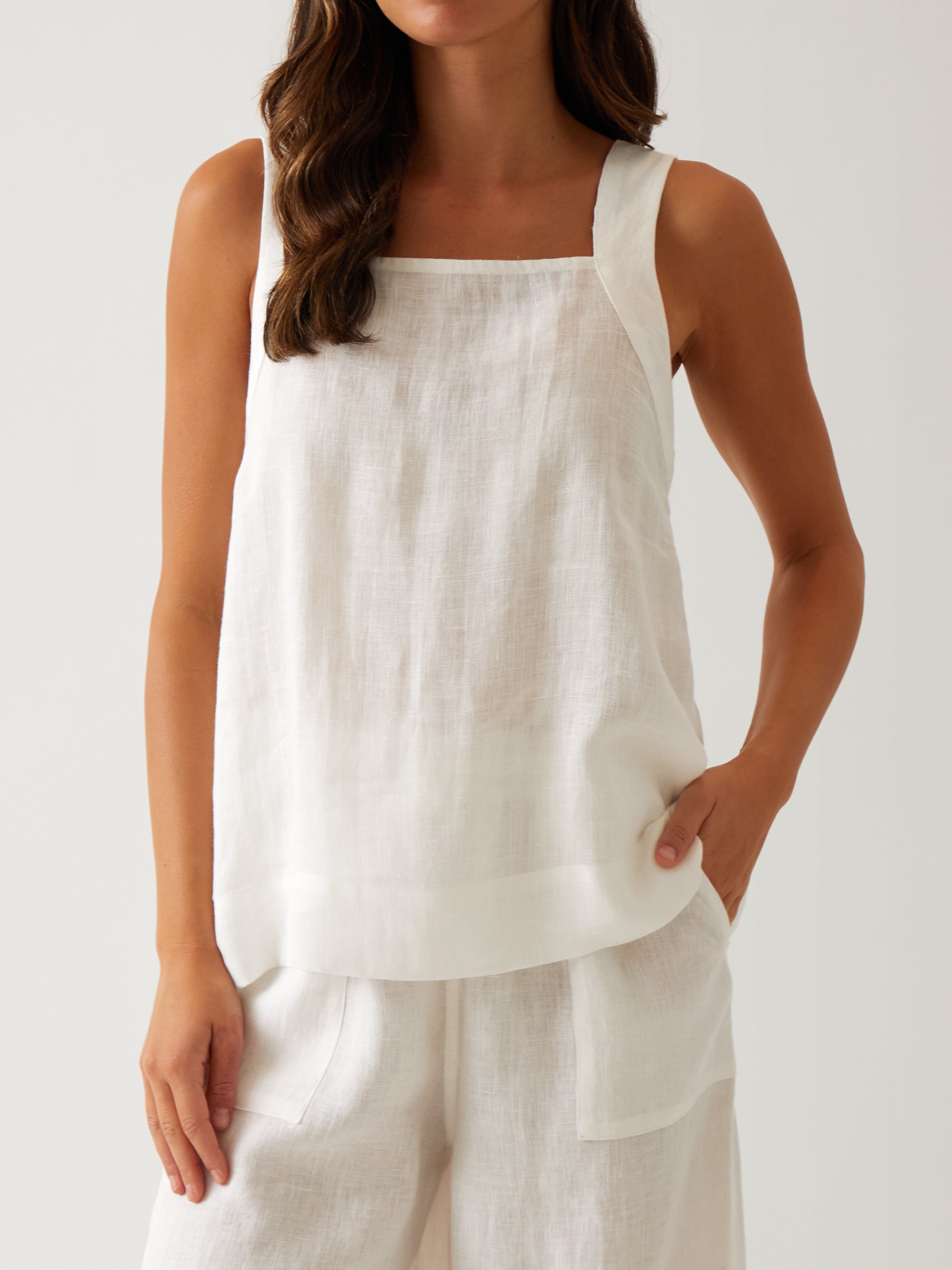 Monaco Linen Wide Strap Top | White-1
