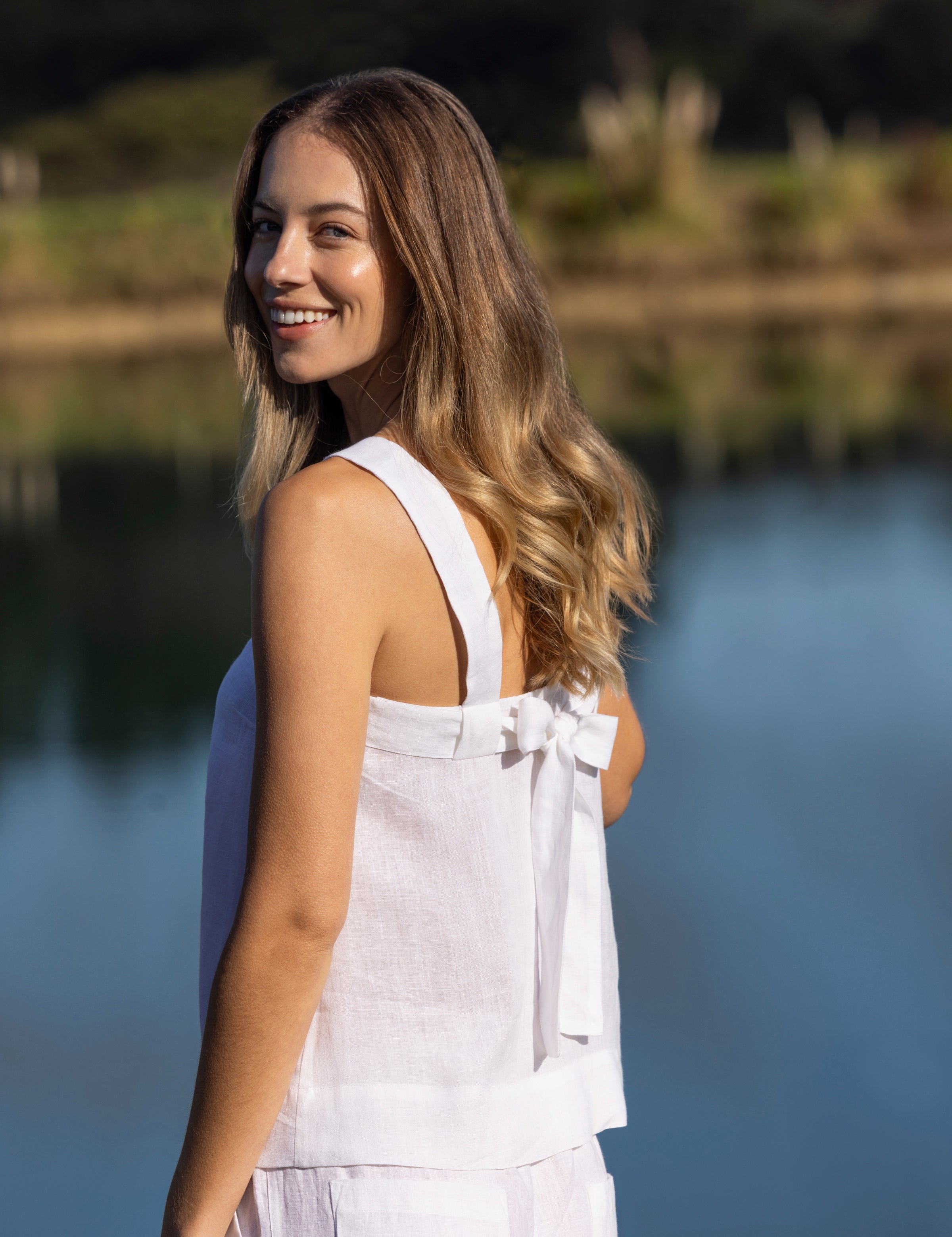 Monaco Linen Wide Strap Top | White-5