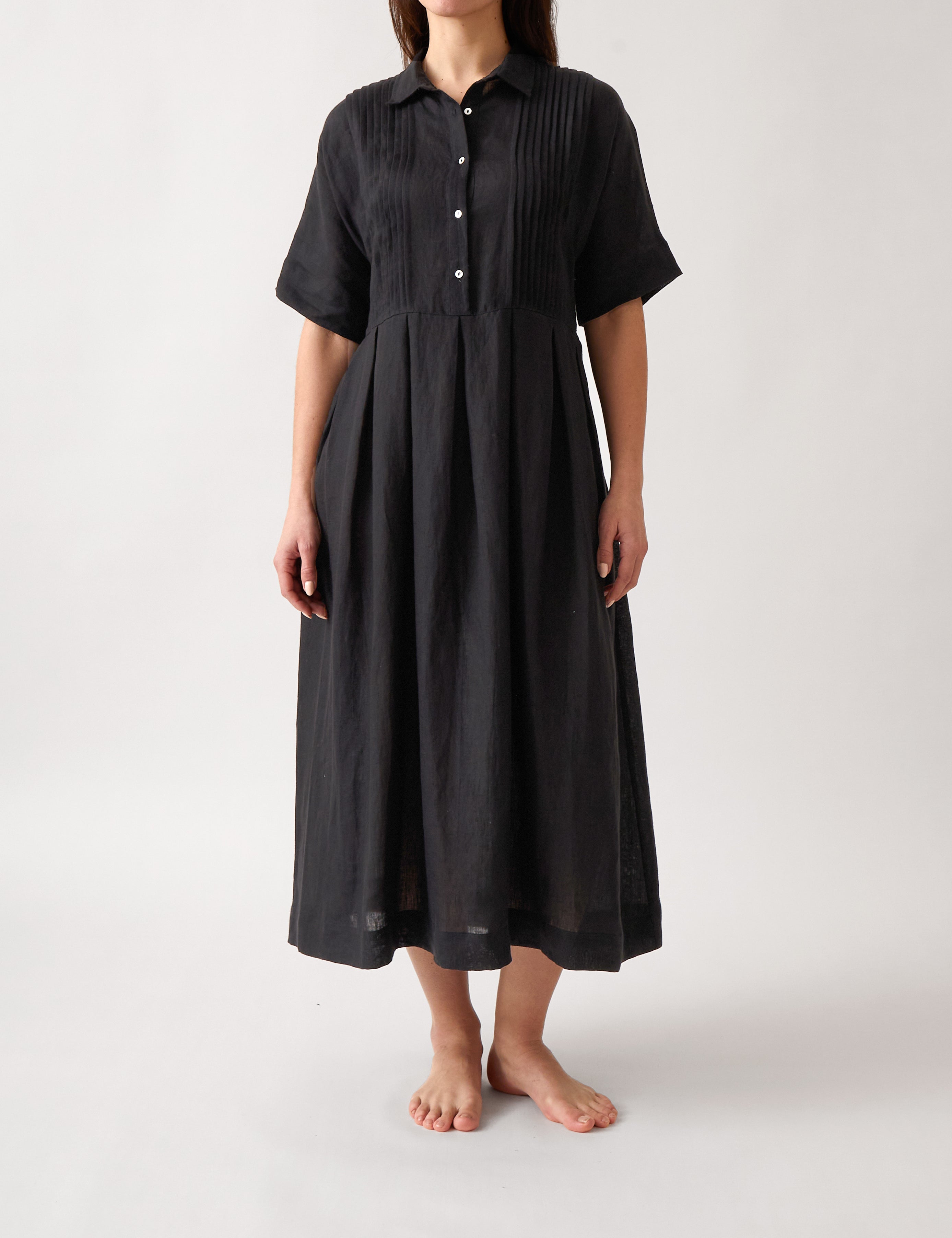 Mykonos Linen Pintuck Shirt Dress | Black-1