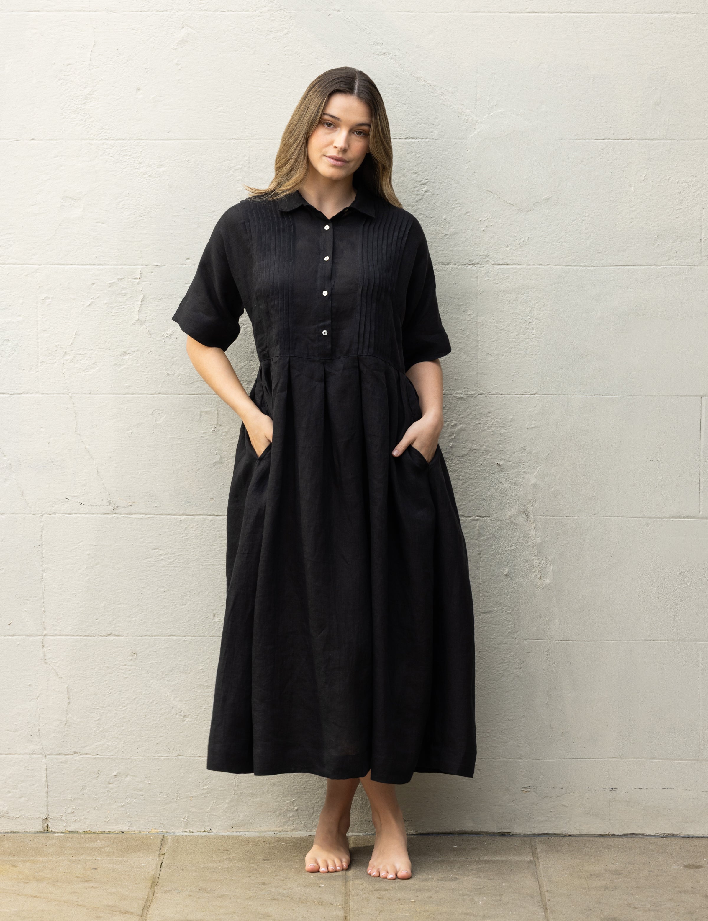 Mykonos Linen Pintuck Shirt Dress | Black-3