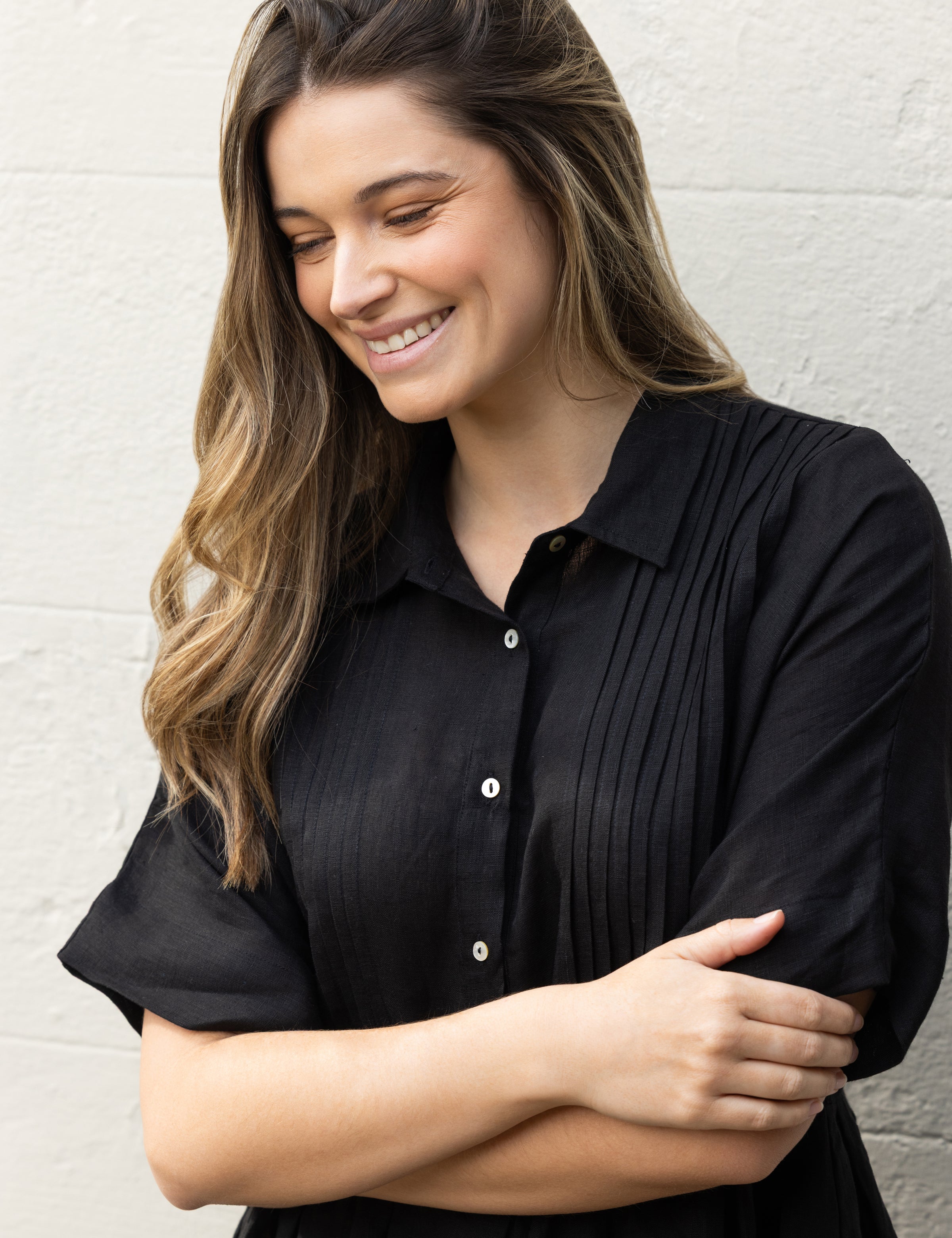 Mykonos Linen Pintuck Shirt Dress | Black-5