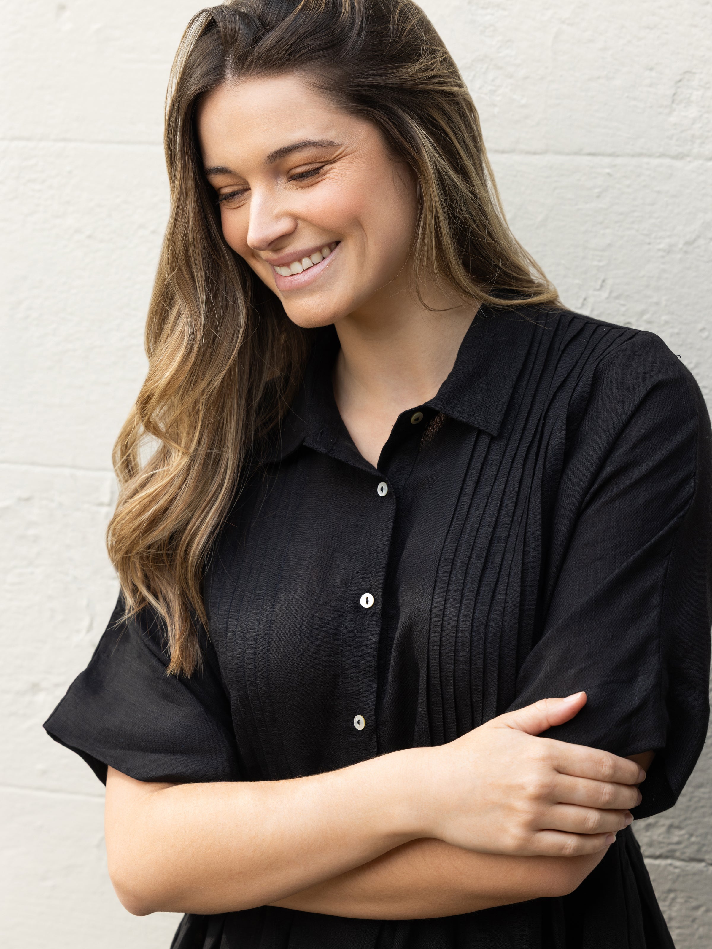 Mykonos Linen Pintuck Shirt Dress | Black-5