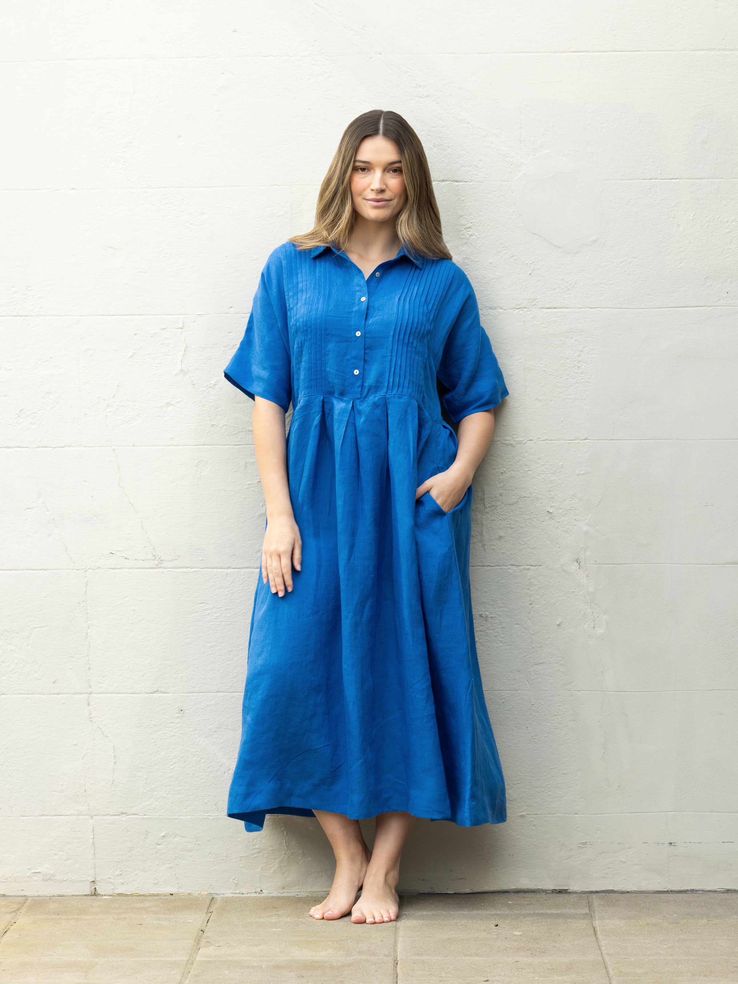 Mykonos Linen Pintuck Shirt Dress | Topaz-3