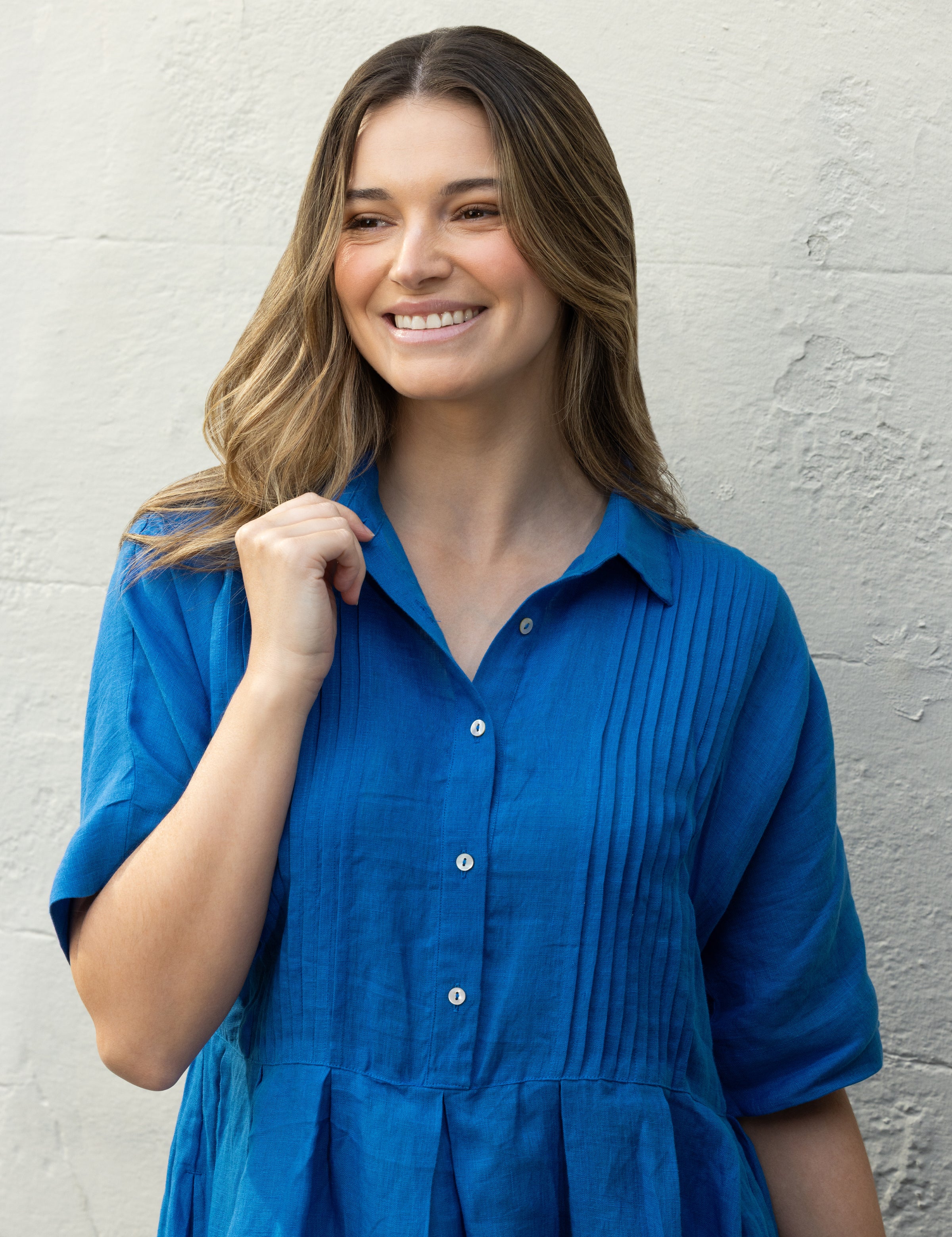 Mykonos Linen Pintuck Shirt Dress | Topaz-5