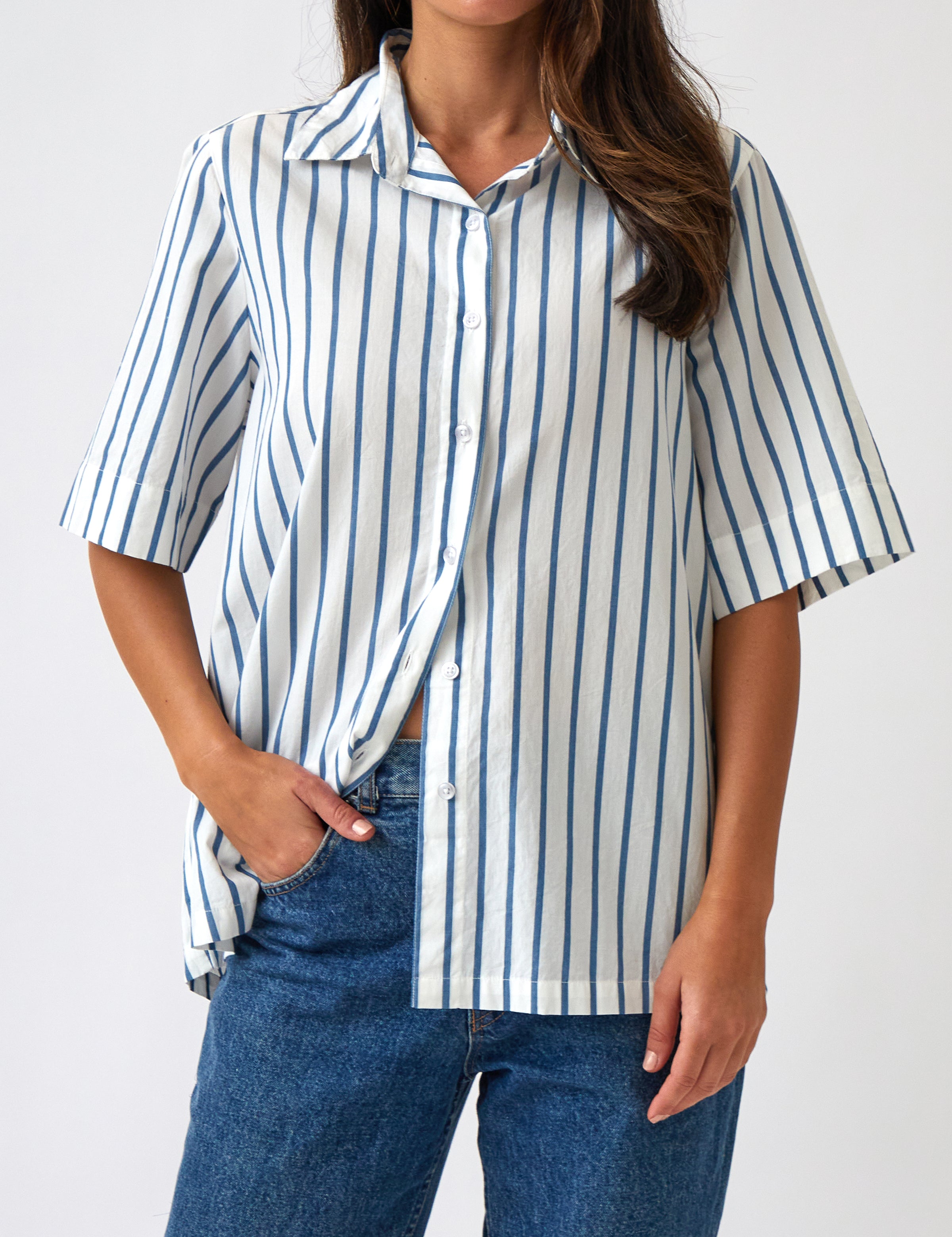 Rhodes Poplin Shirt | Blue Stripe-1