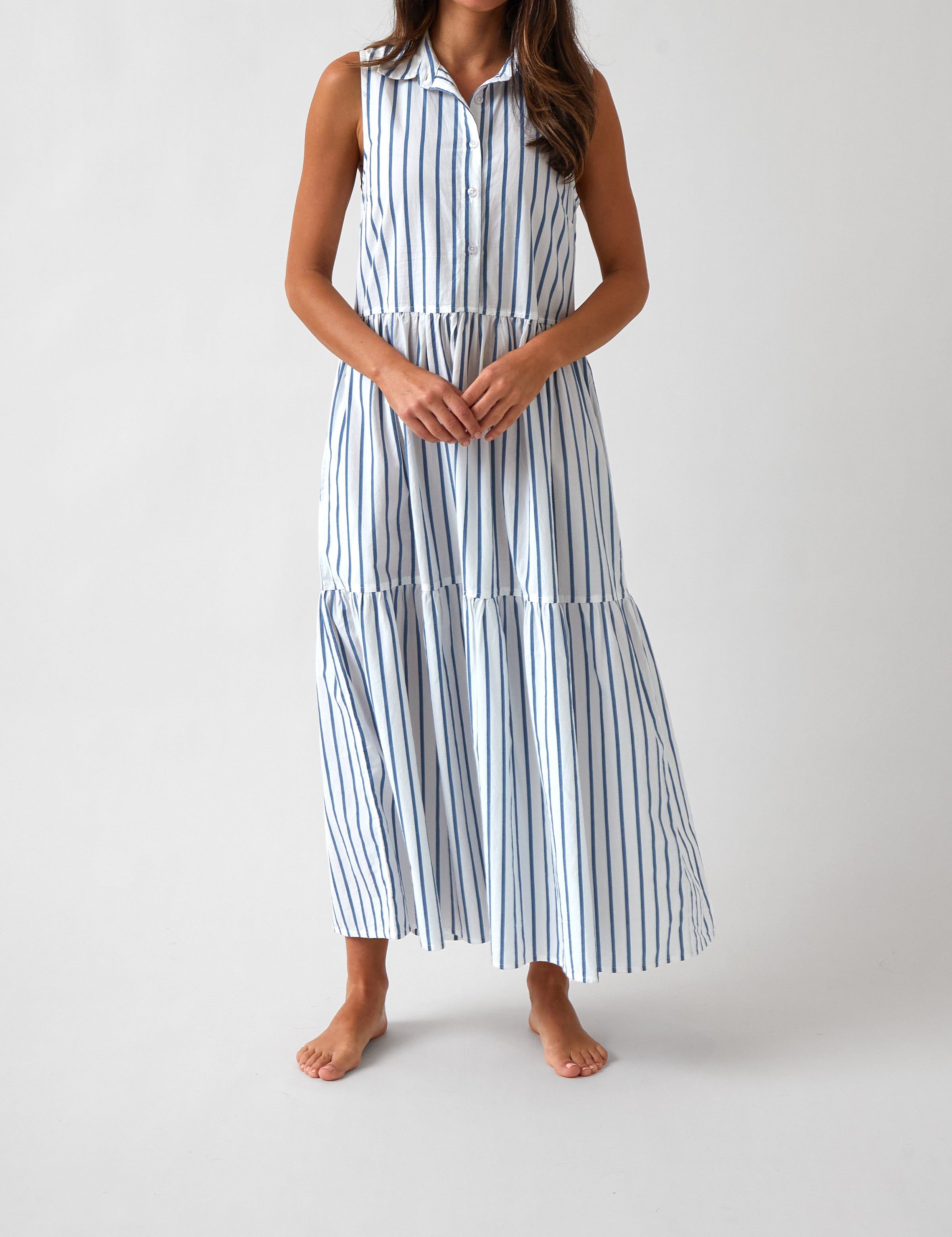 Rhodes Poplin Tier Dress | Blue Stripe-1